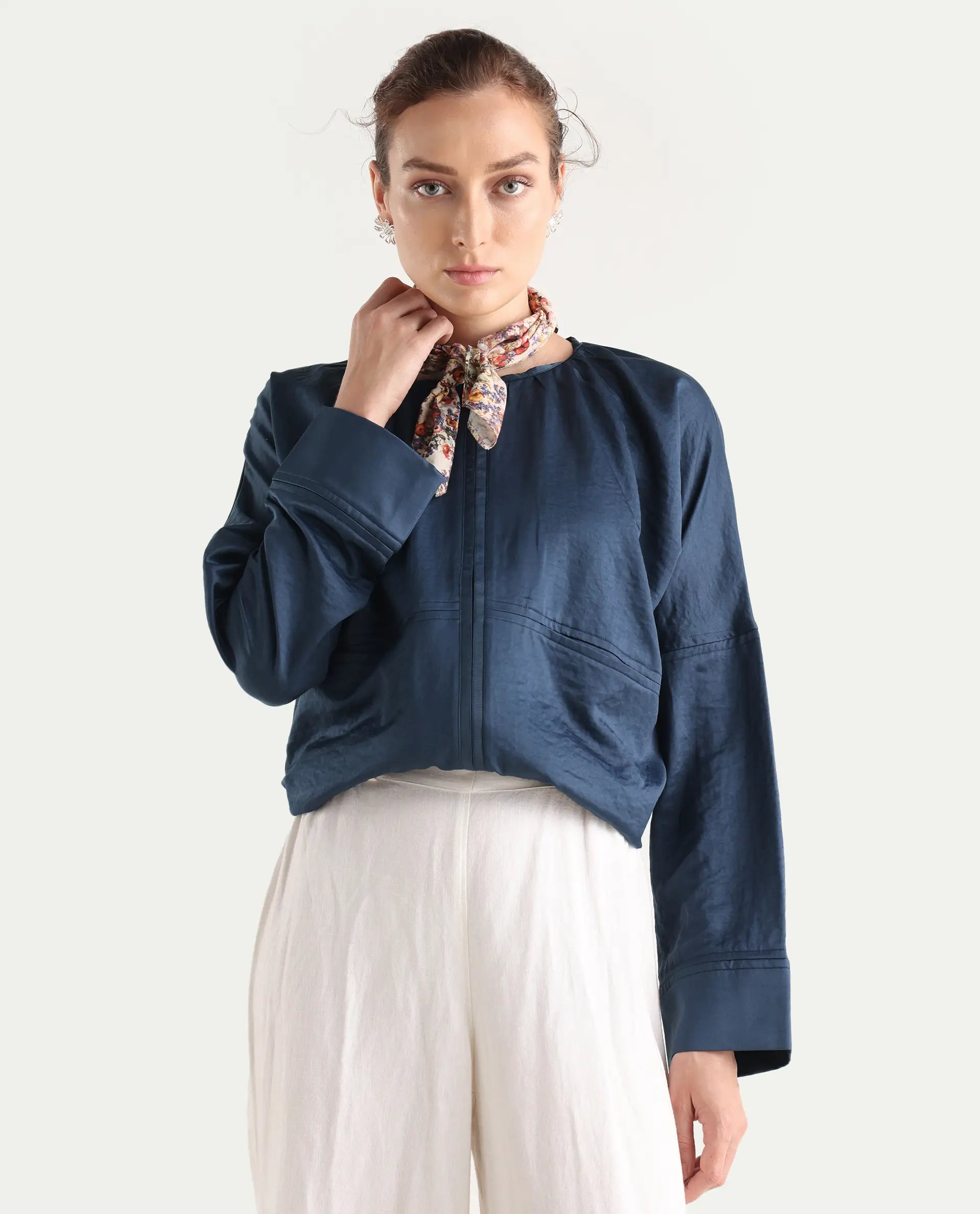 Rareism Women's Nisat Navy Polyester Round Neck Relaxed Plain Jacket