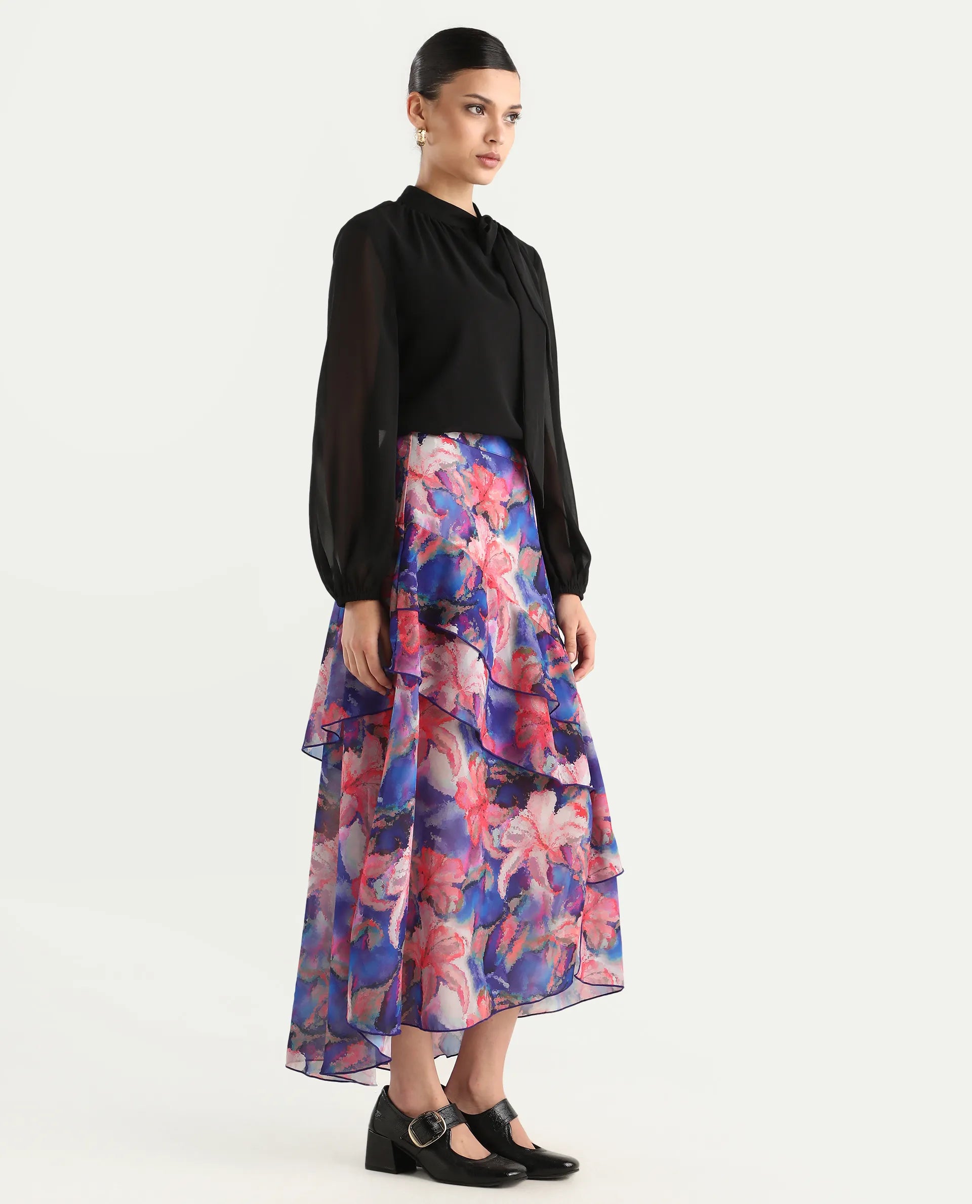 Rareism Women's Nitane Purple Polyester Floral Print Maxi Flared Skirt