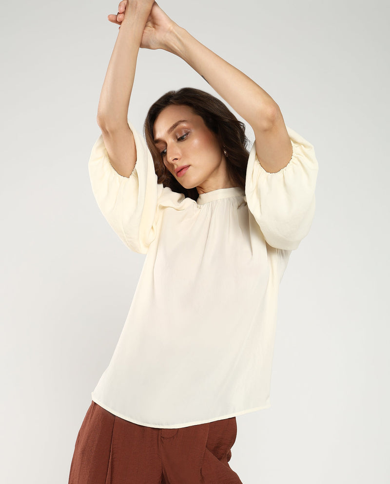 Rareism Women Nito Beige Satin Raglan Sleeves Mandarin Collar Button Closure Plain Top