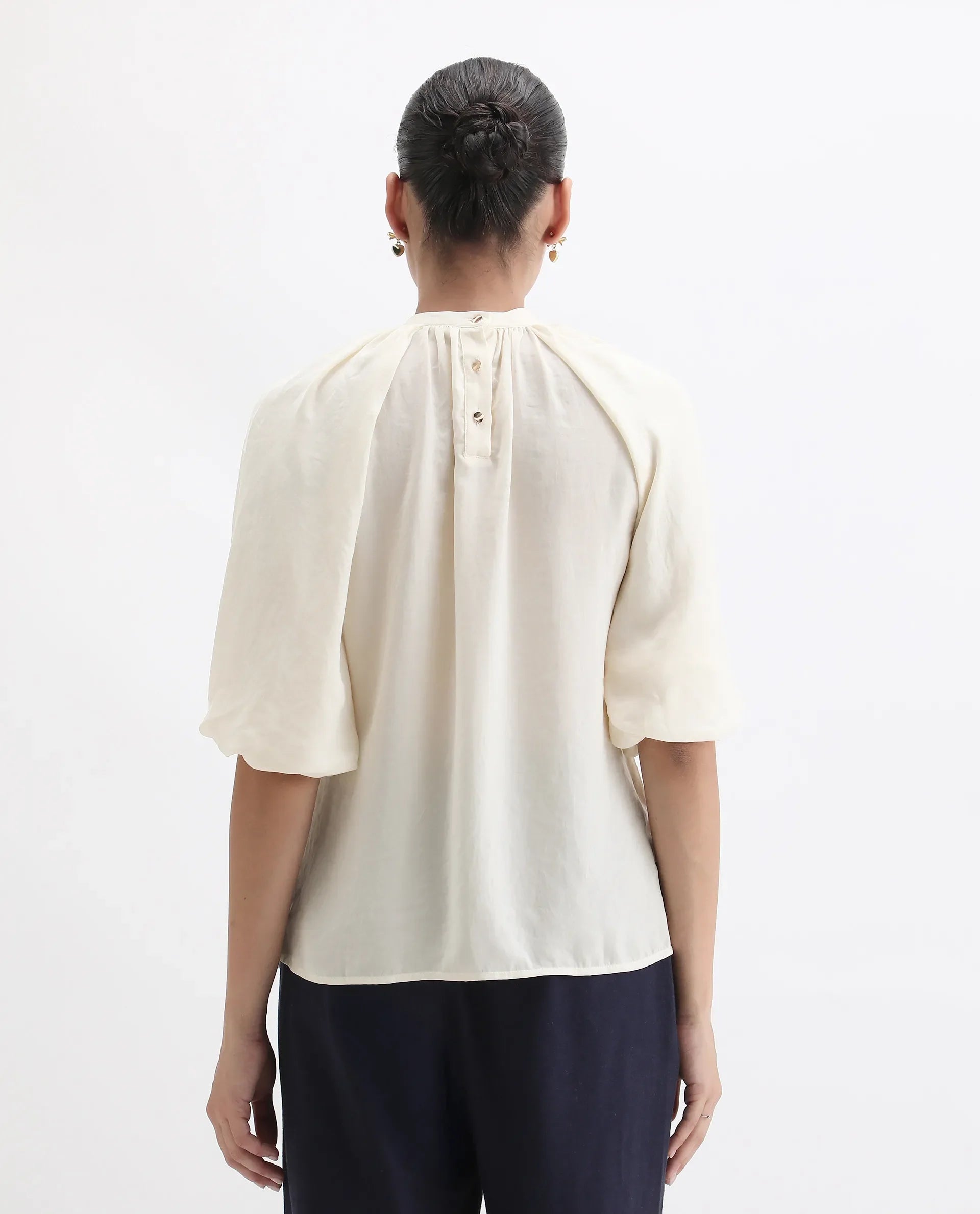 Rareism Women's Nito Beige Satin Mandarin Collar Plain Raglan Sleeve Regular Fit Top