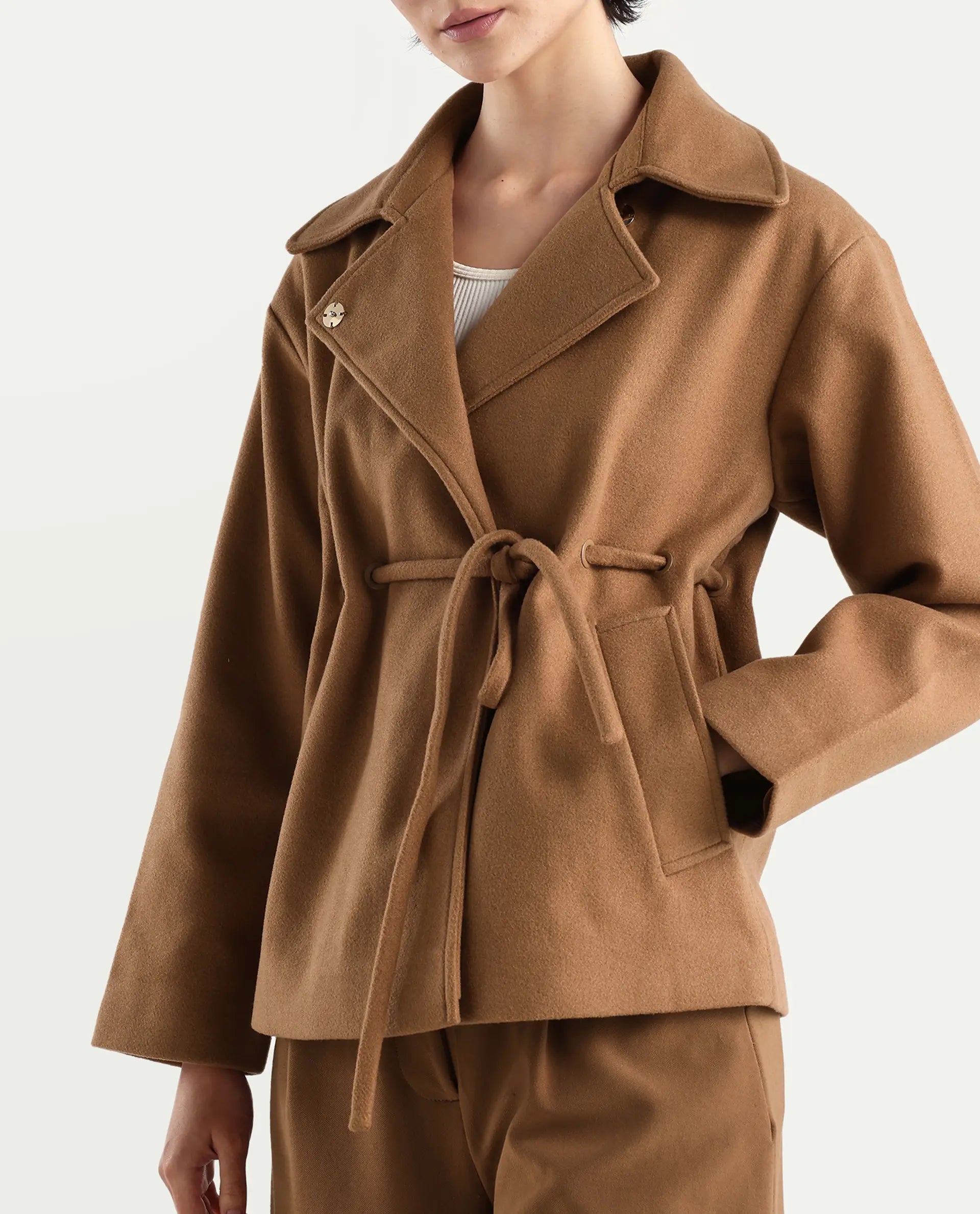 Rareism Women's Nittiz Tan Polyester Blend Spread Collar Regular Fit Jacket