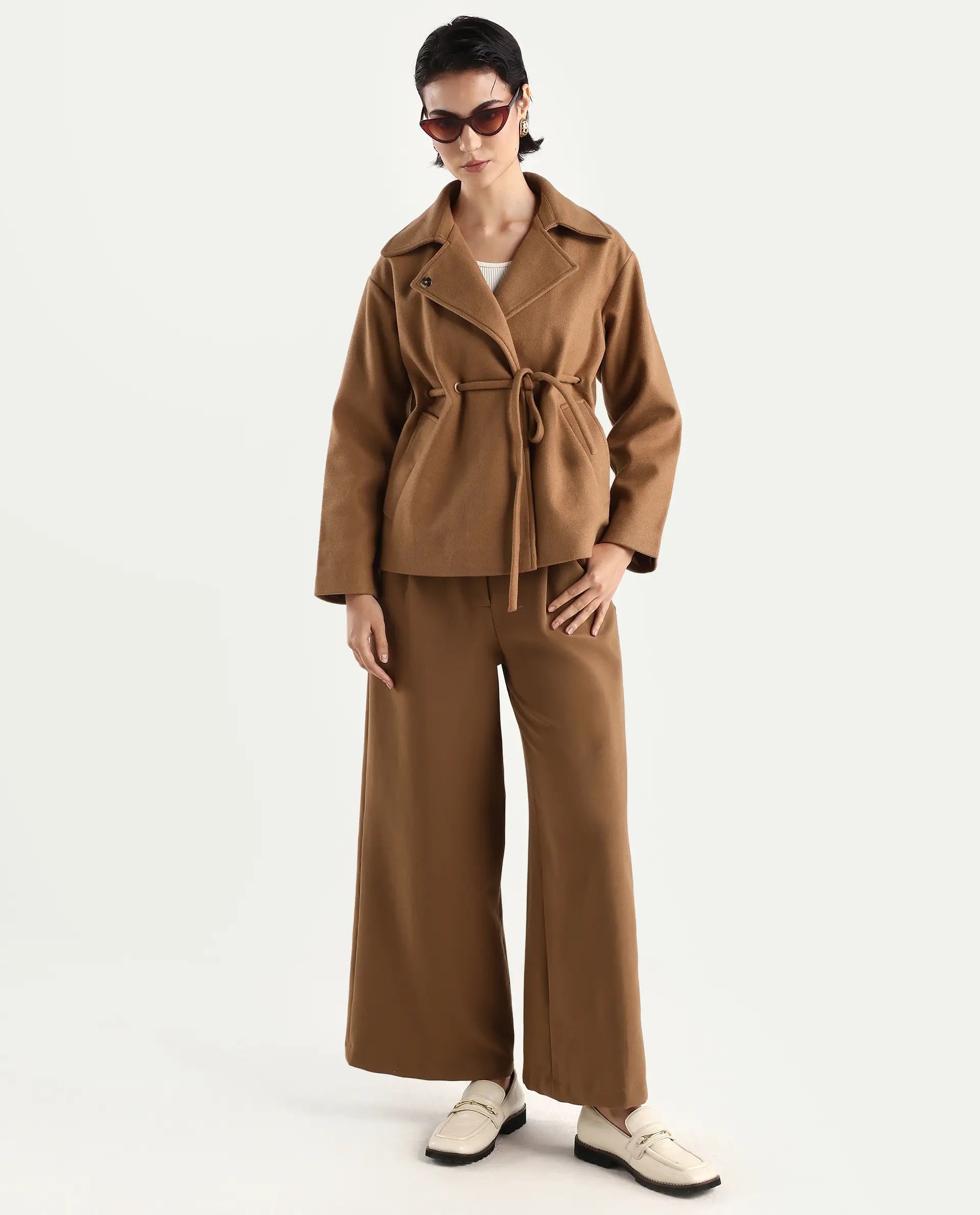 Rareism Women's Nittiz Tan Polyester Blend Spread Collar Regular Fit Jacket