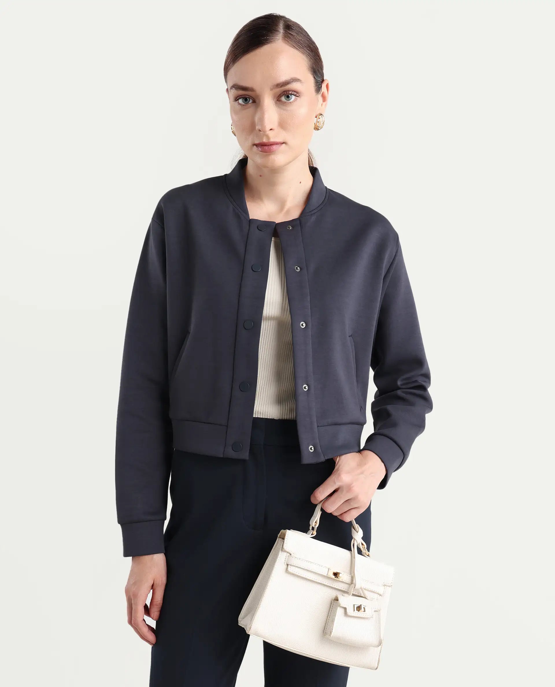 Rareism Women's Nitt Navy Cotton Blend Stand Collar Regular Fit Jacket