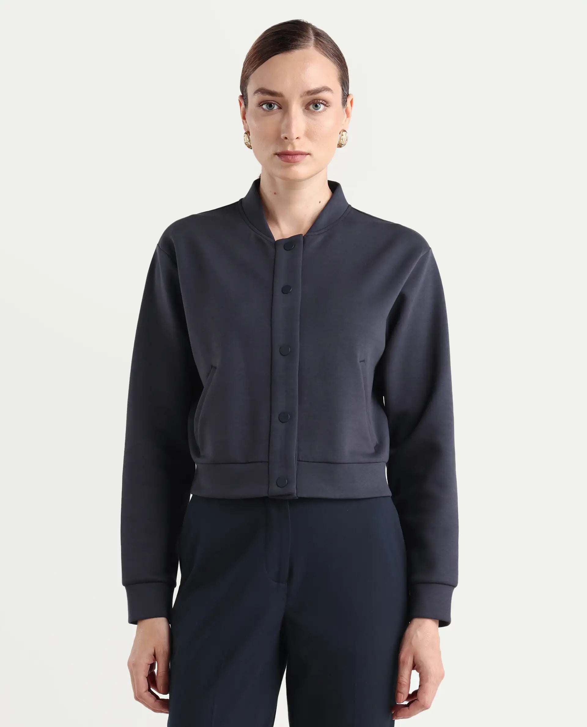 Rareism Women's Nitt Navy Cotton Blend Stand Collar Regular Fit Jacket