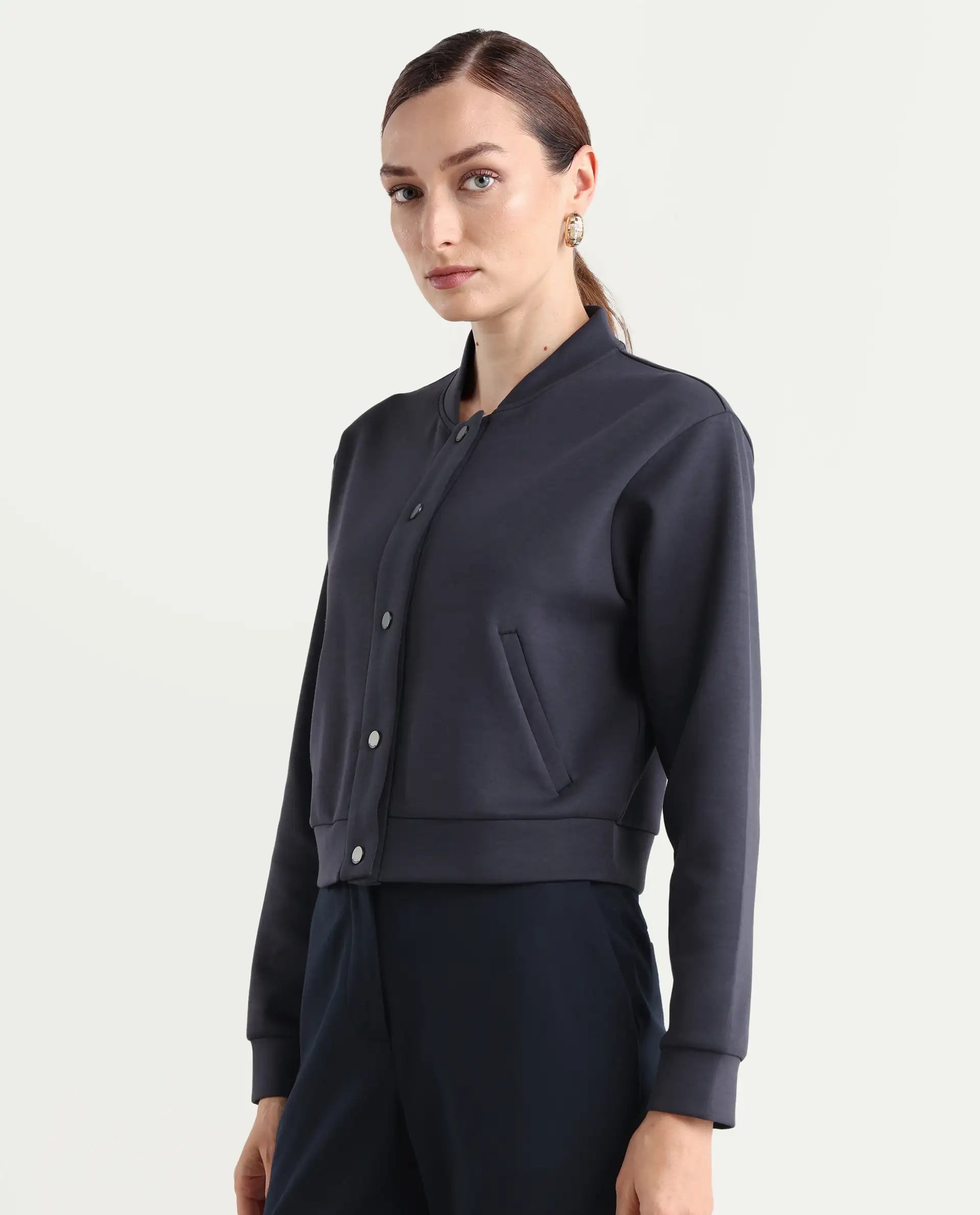 Rareism Women's Nitt Navy Cotton Blend Stand Collar Regular Fit Jacket
