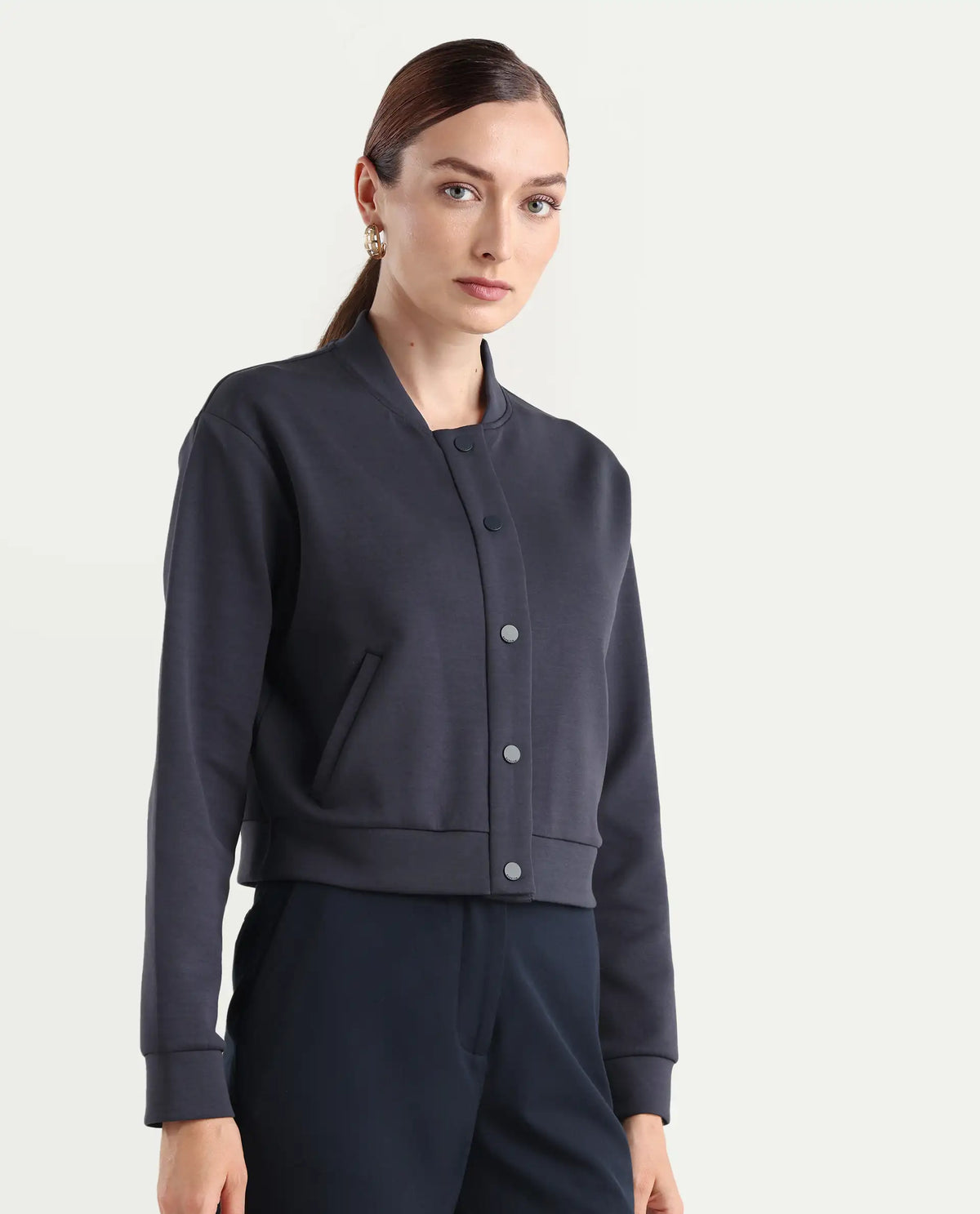 Rareism Women's Nitt Navy Cotton Blend Stand Collar Regular Fit Jacket