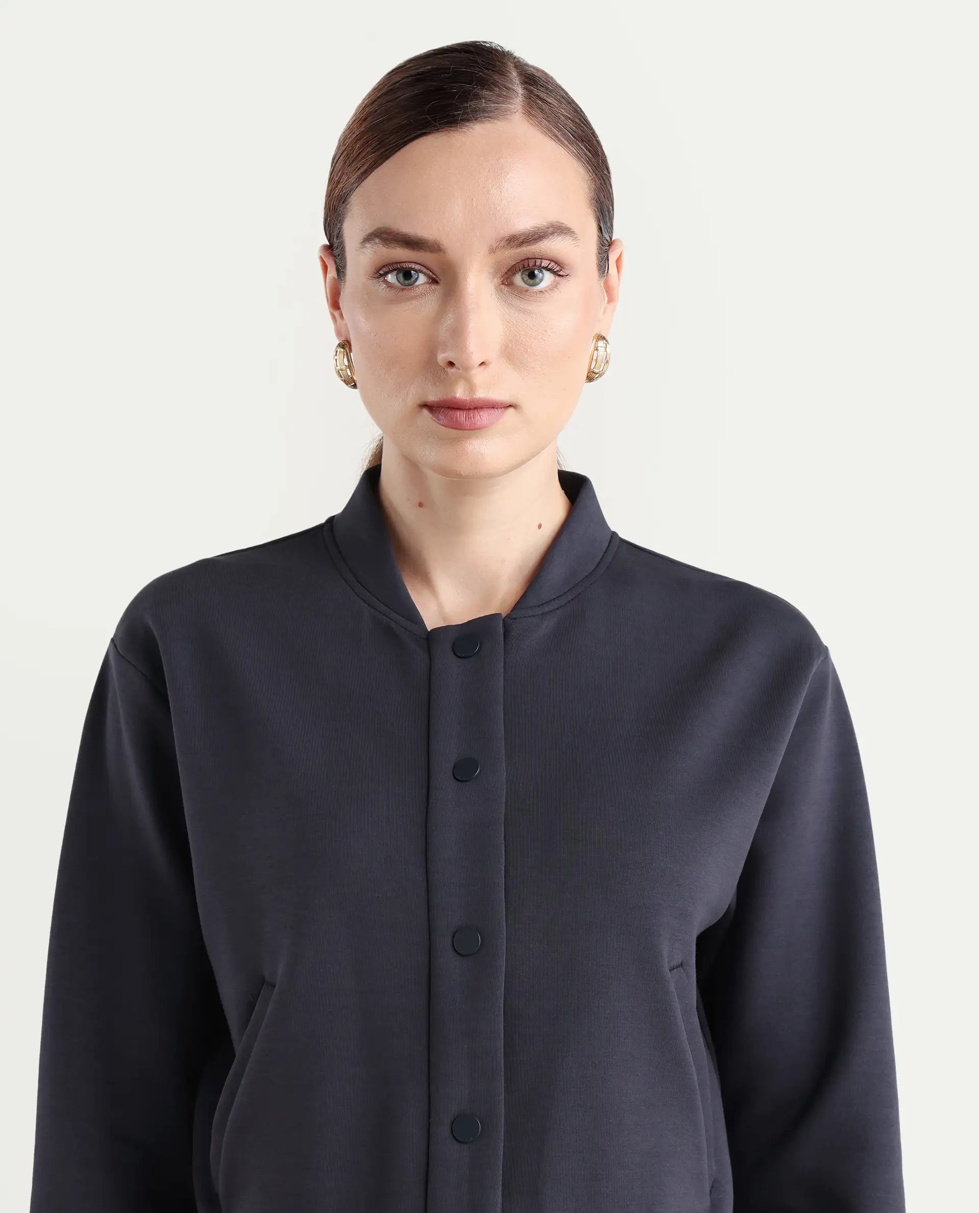 Rareism Women's Nitt Navy Cotton Blend Stand Collar Regular Fit Jacket