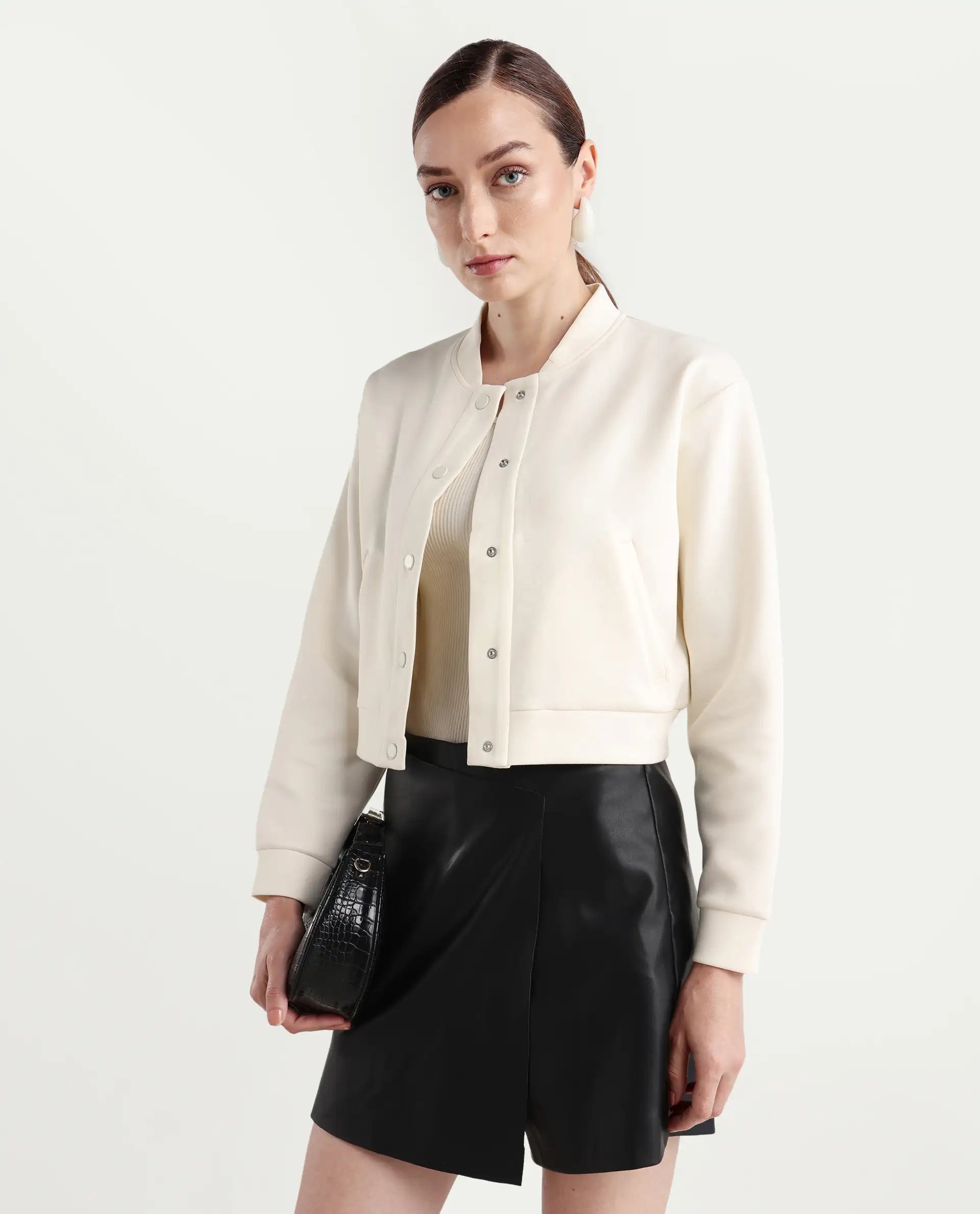 Rareism Women's Nitt Off White Cotton Blend Stand Collar Regular Fit Jacket