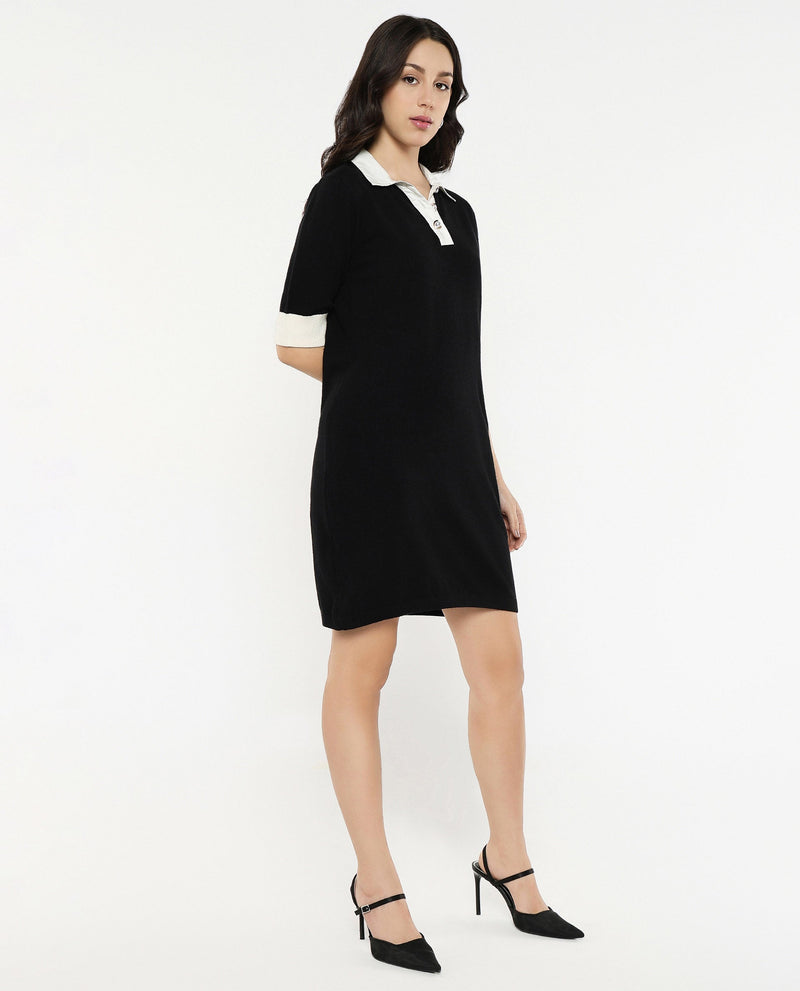 Rareism Women Nitu Black Viscose Nylon Fabric Short Sleeve Collared Neck Button Closure Bodycon Knee Length Plain Dress