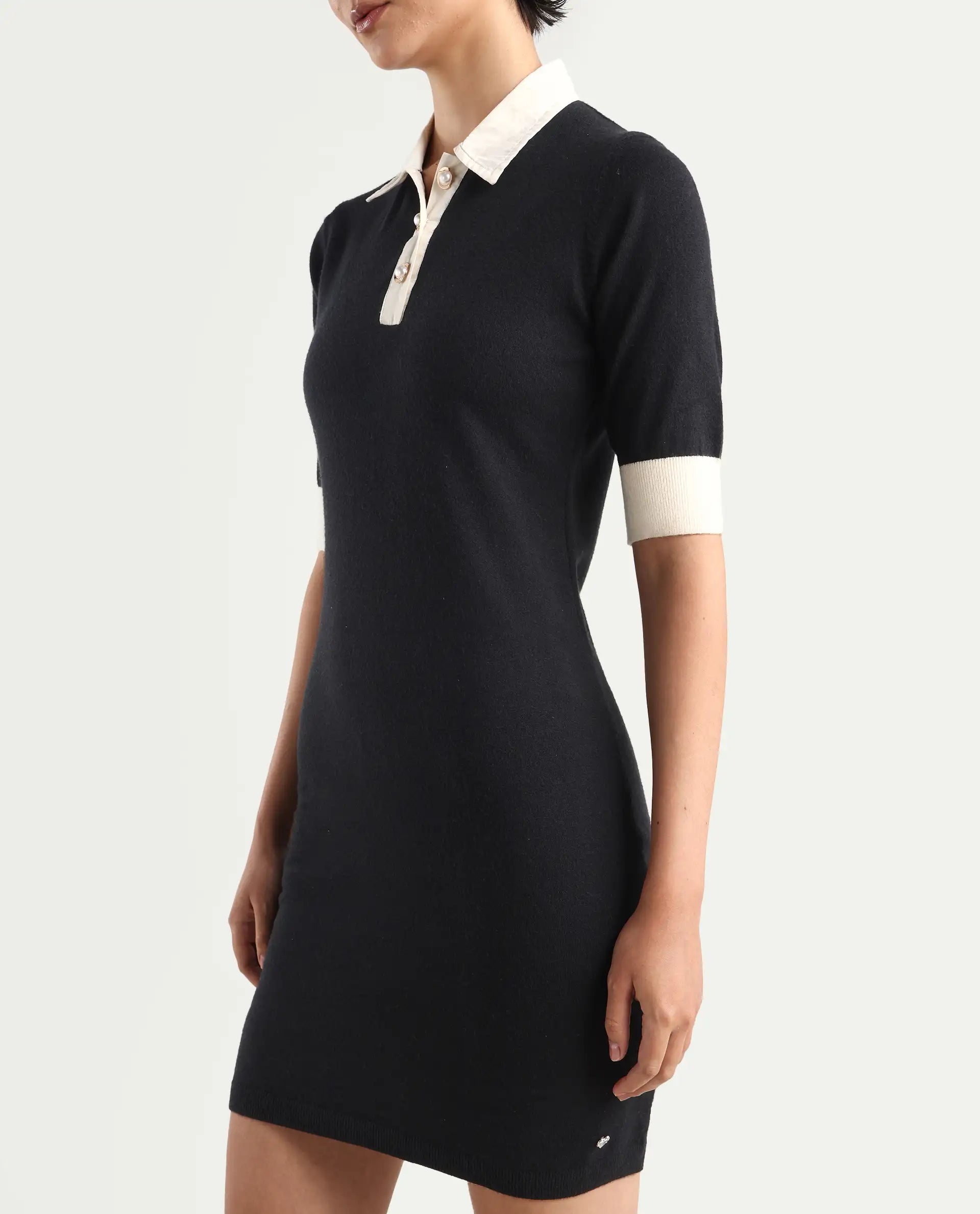 Rareism Women's Nitu Black Viscose Drop Collar Plain Knee Length Bodycon Dress