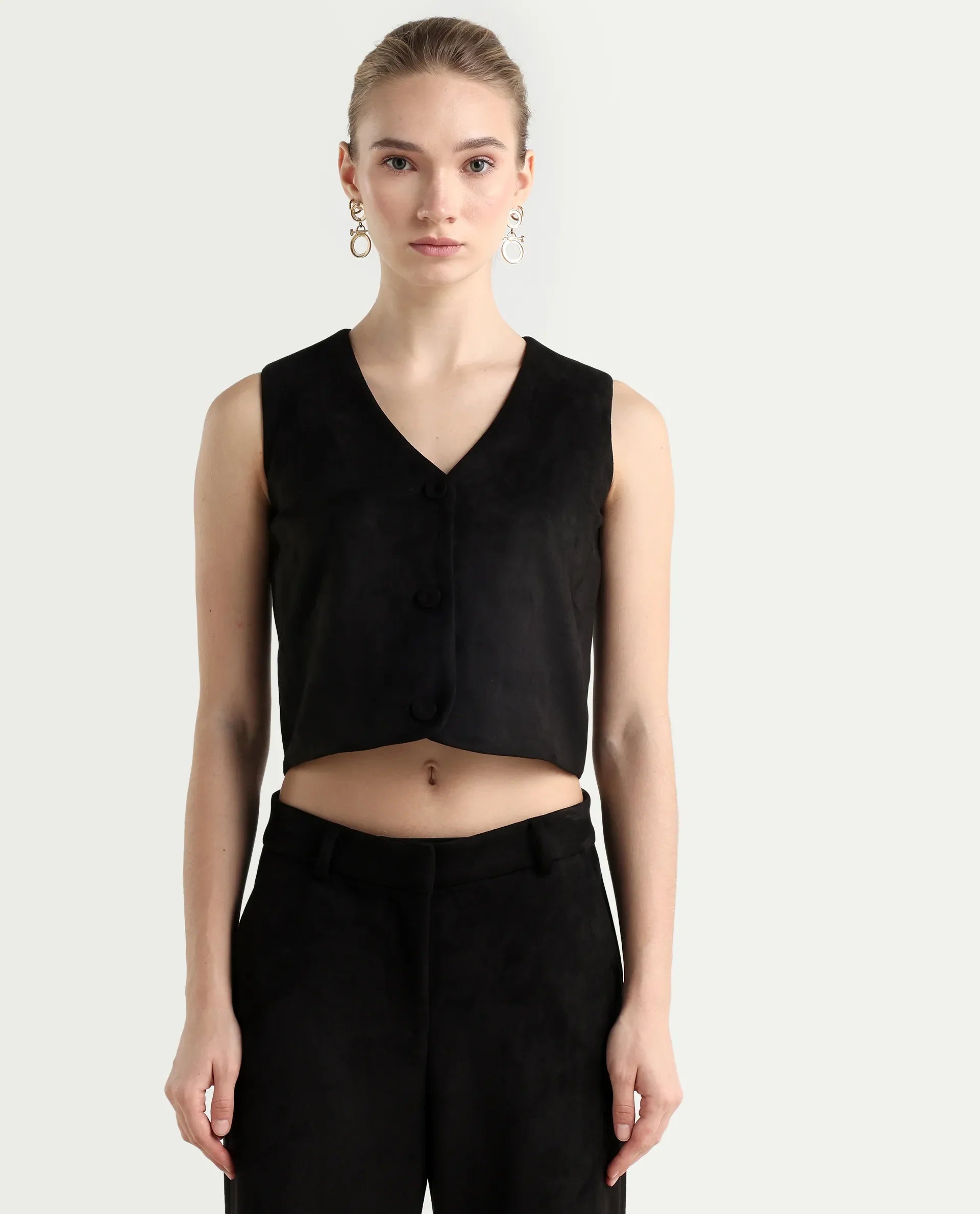 Rareism Women's Niwast-T Black Polyester Blend V-Neck Regular Fit Waist Coat