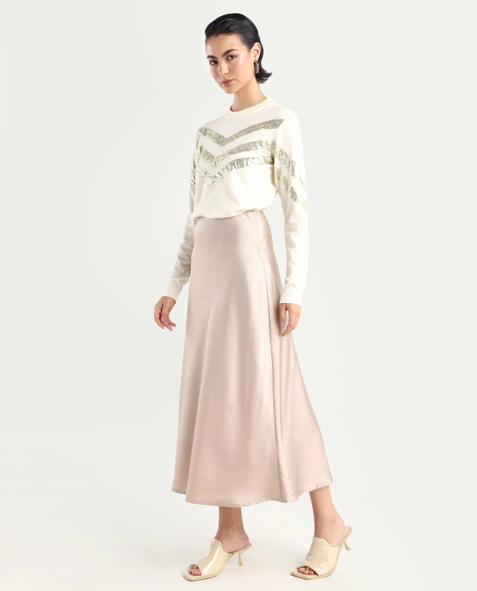 Rareism Women's Niyano Beige Polyester A-Line Skirt