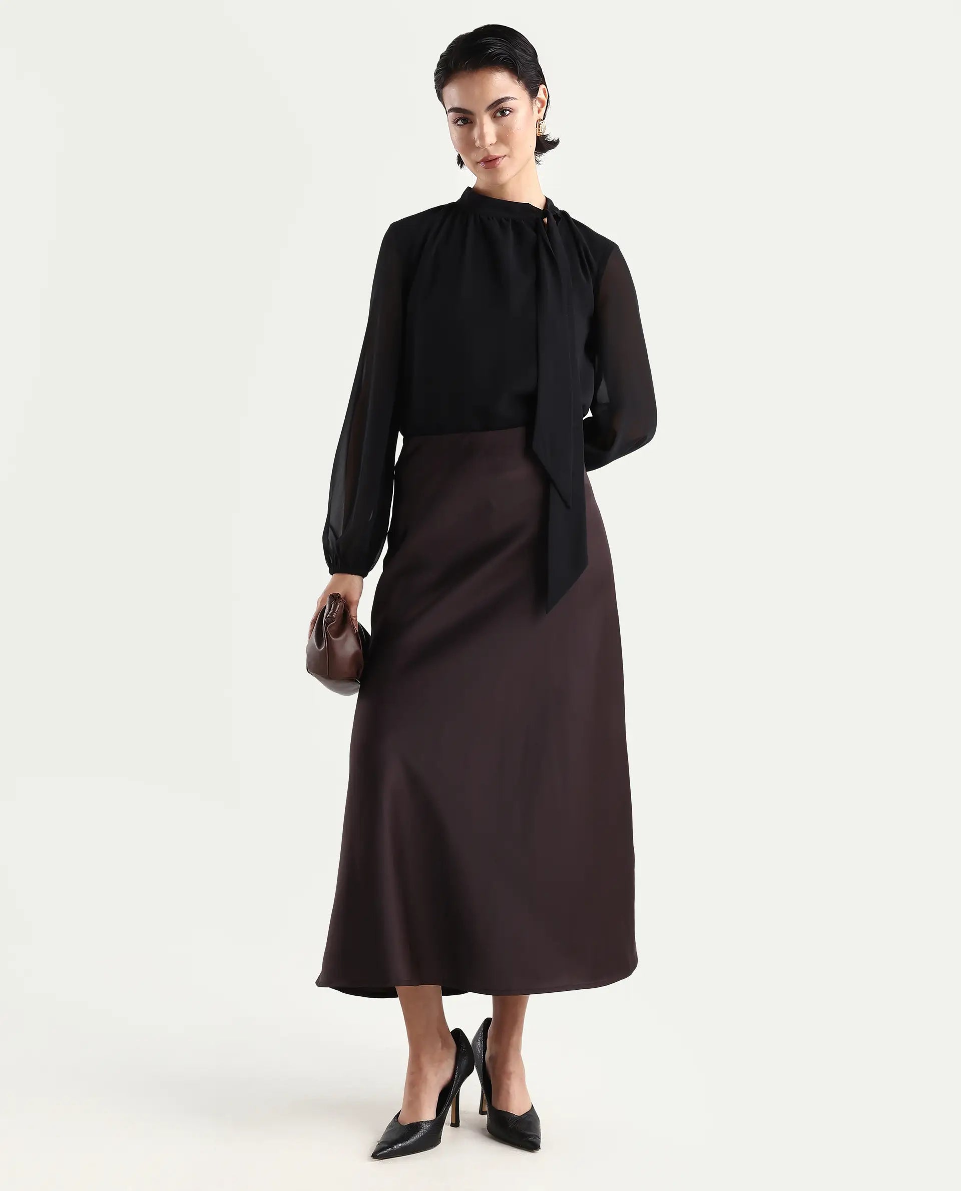 Rareism Women's Niyano Brown Polyester A-Line Skirt