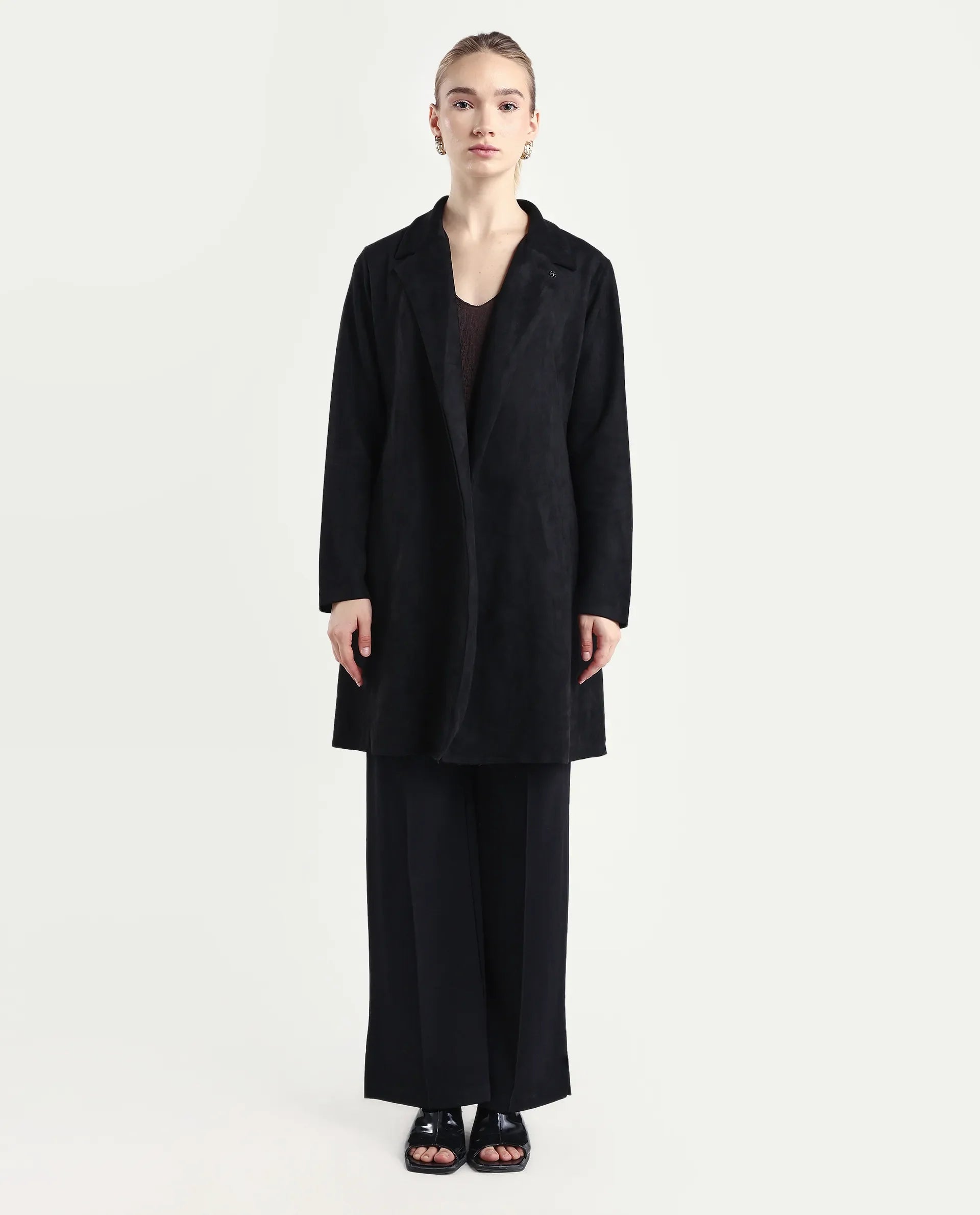 Rareism Women's Nizara Black Polyester Blend Lapel Neck Regular Fit Coat