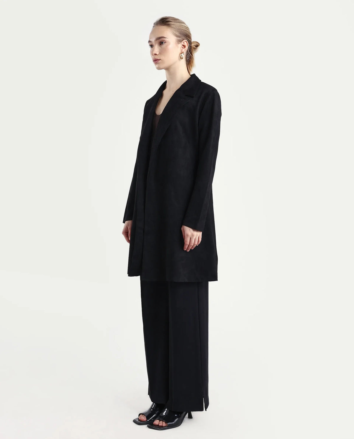 Rareism Women's Nizara Black Polyester Blend Lapel Neck Regular Fit Coat