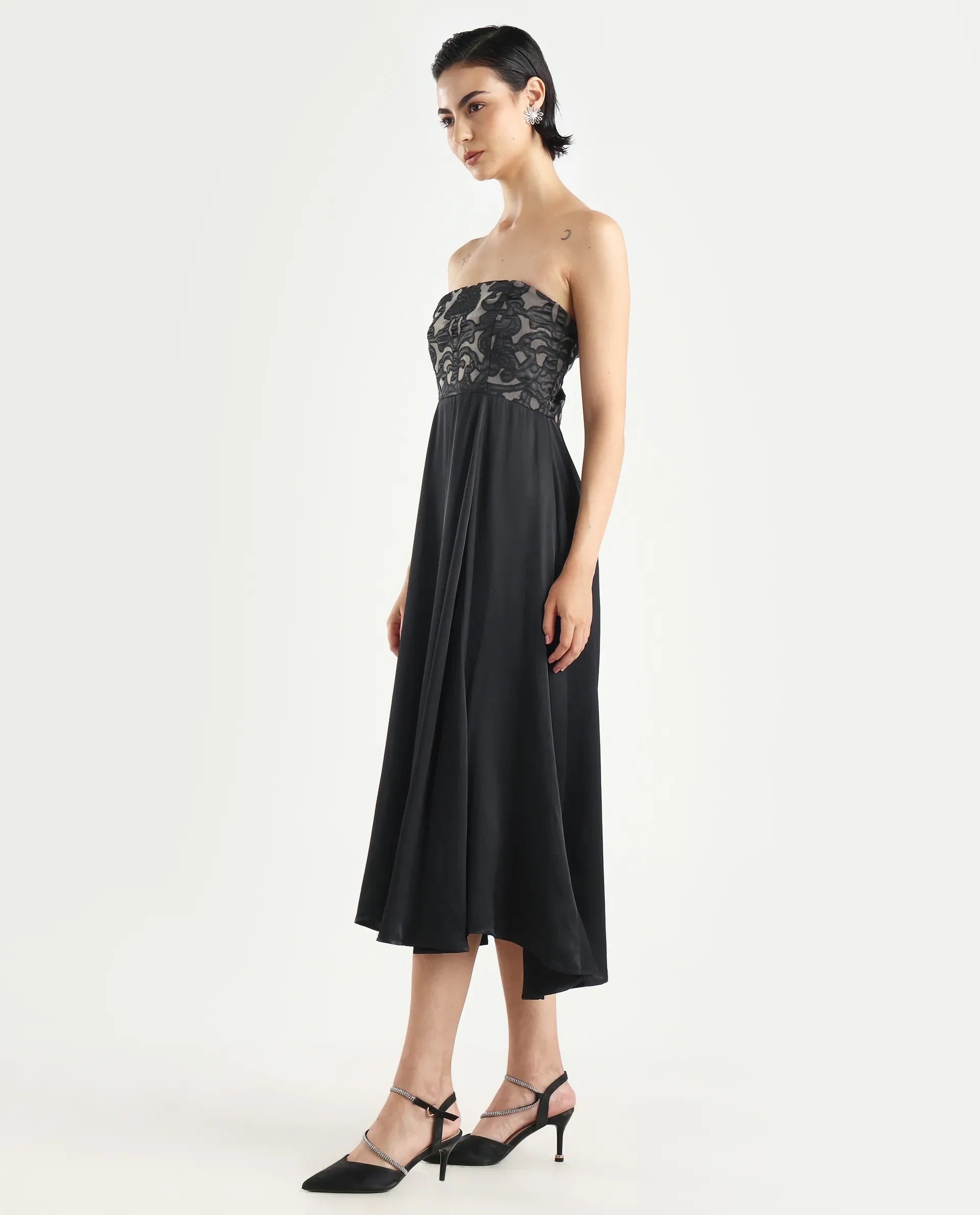 Rareism Women's Nizfer Black Satin Tube Neck Plain Sleeveless Midi Fit And Flare Dress