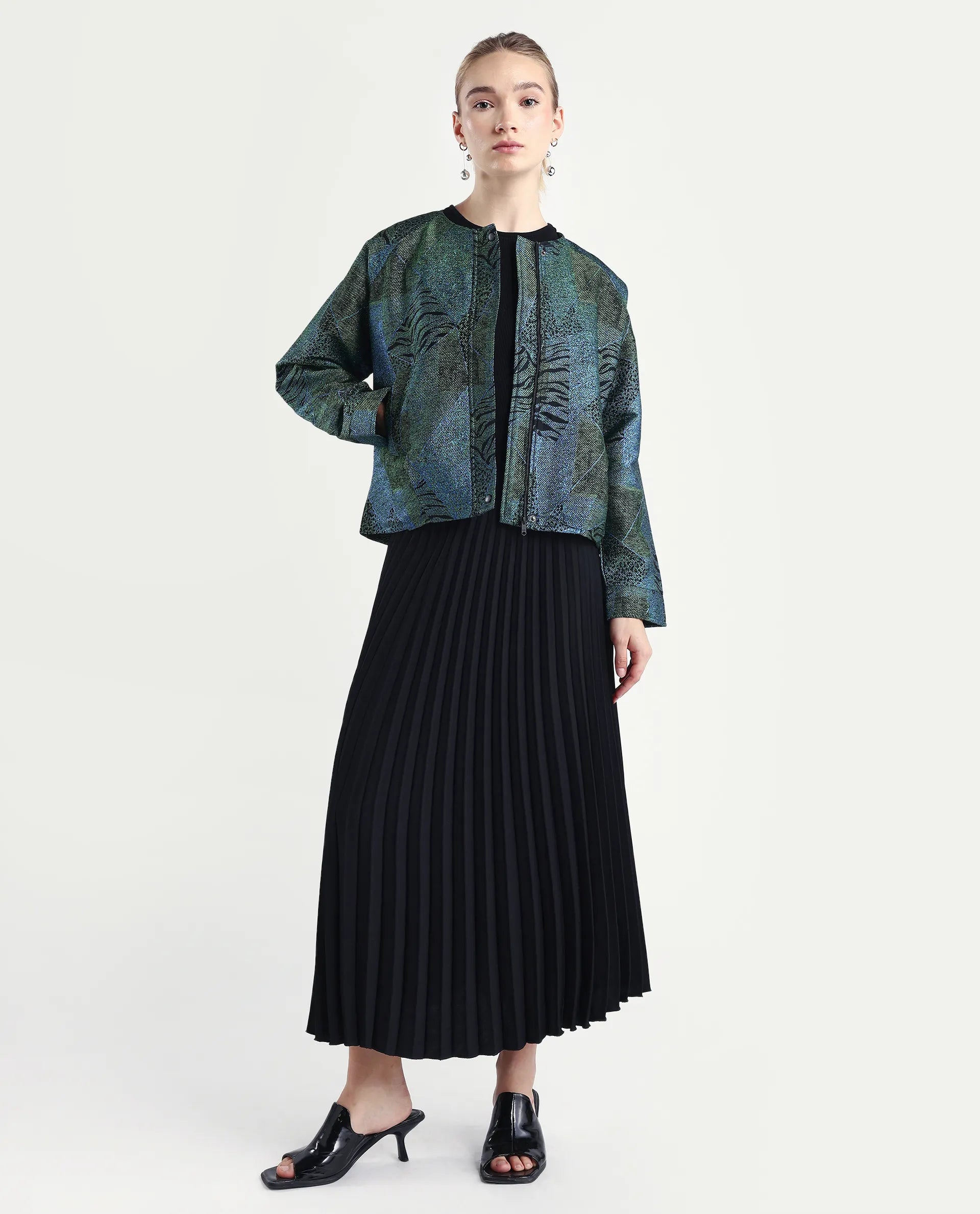 Rareism Women's Nizig Blue Polyester Blend Relaxed Fit Jacquard Jacket