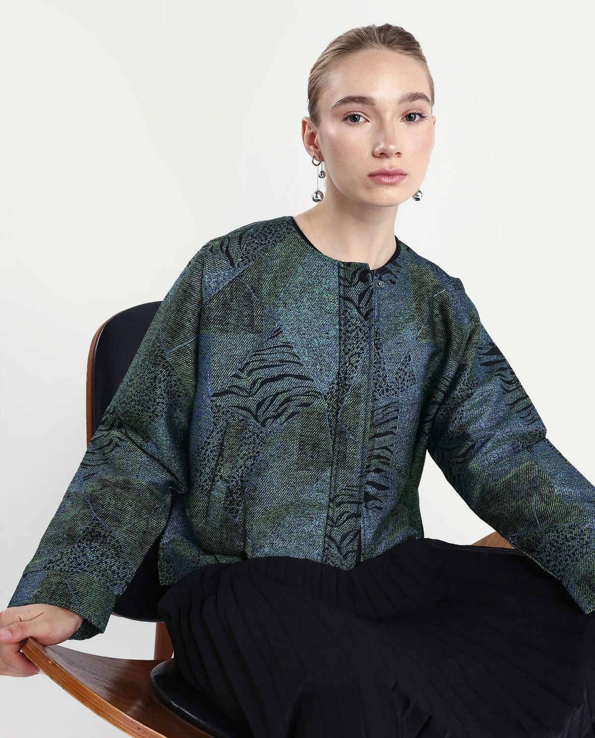 Rareism Women's Nizig Blue Polyester Blend Relaxed Fit Jacquard Jacket