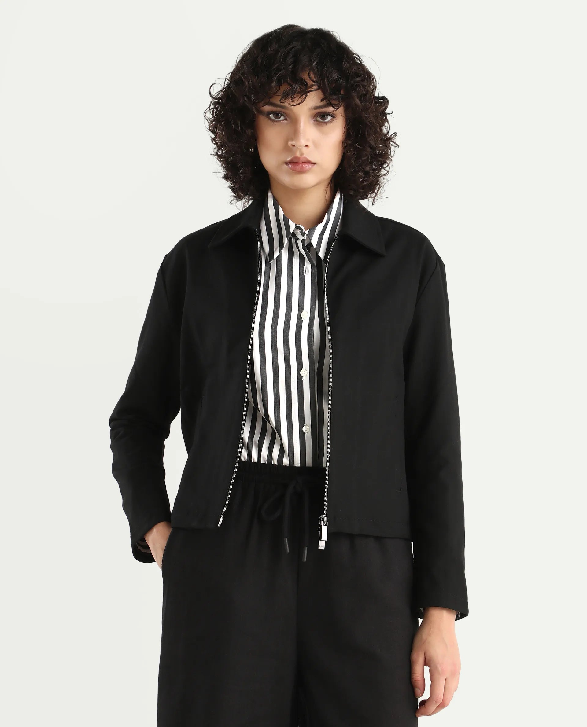 Rareism Women's Nizlo Black Polyester Blend Spread Collar Regular Plain Jacket