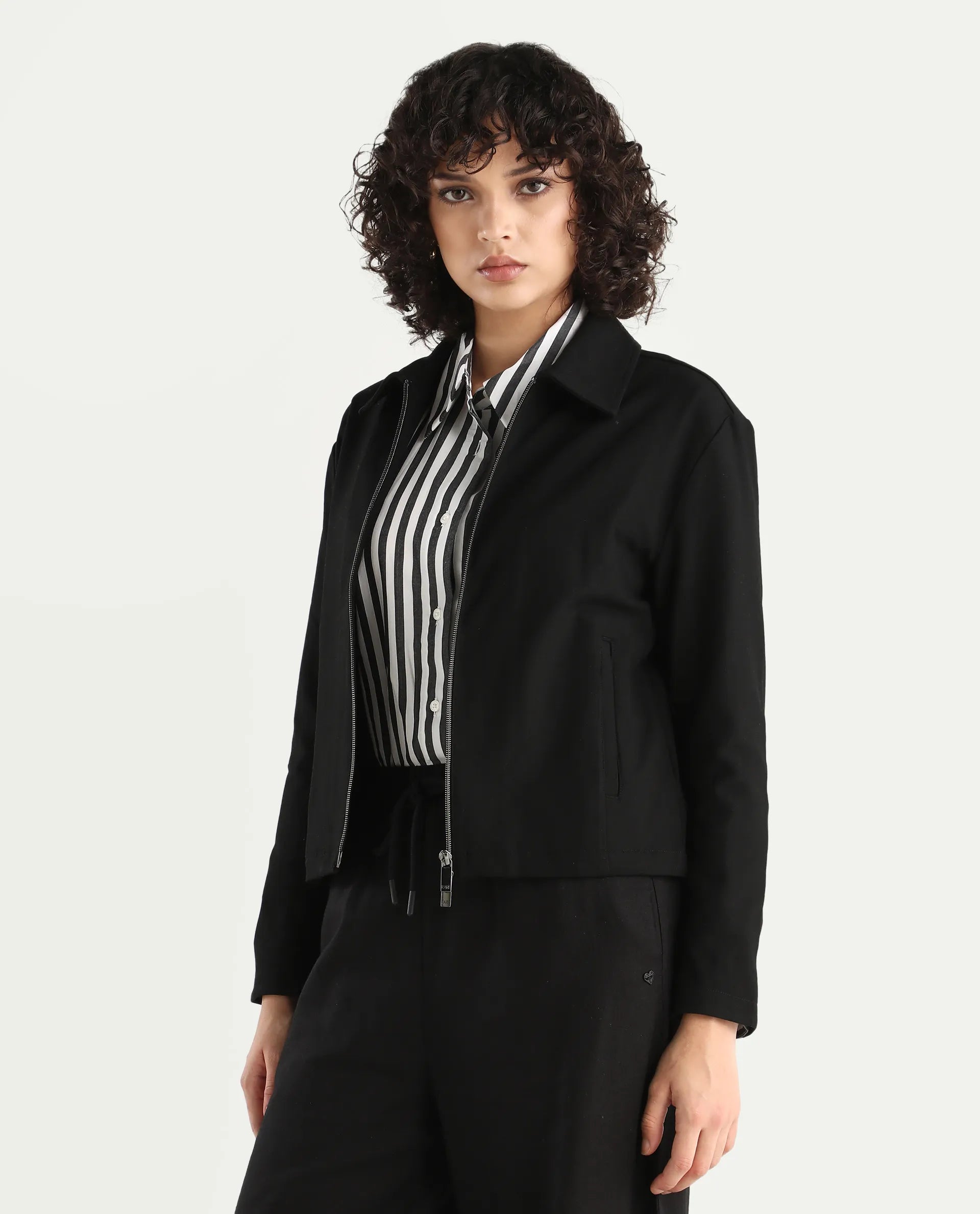 Rareism Women's Nizlo Black Polyester Blend Spread Collar Regular Plain Jacket