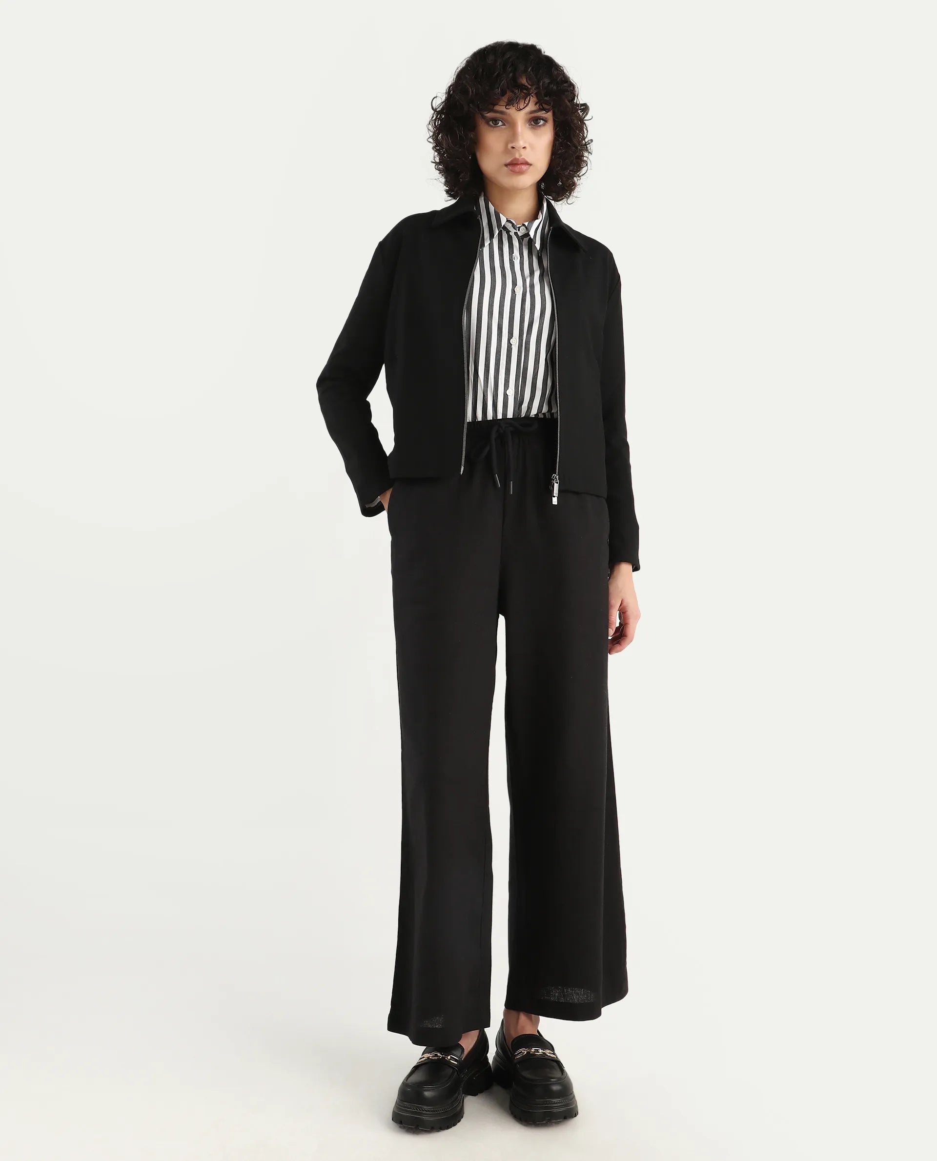 Rareism Women's Nizlo Black Polyester Blend Spread Collar Regular Plain Jacket