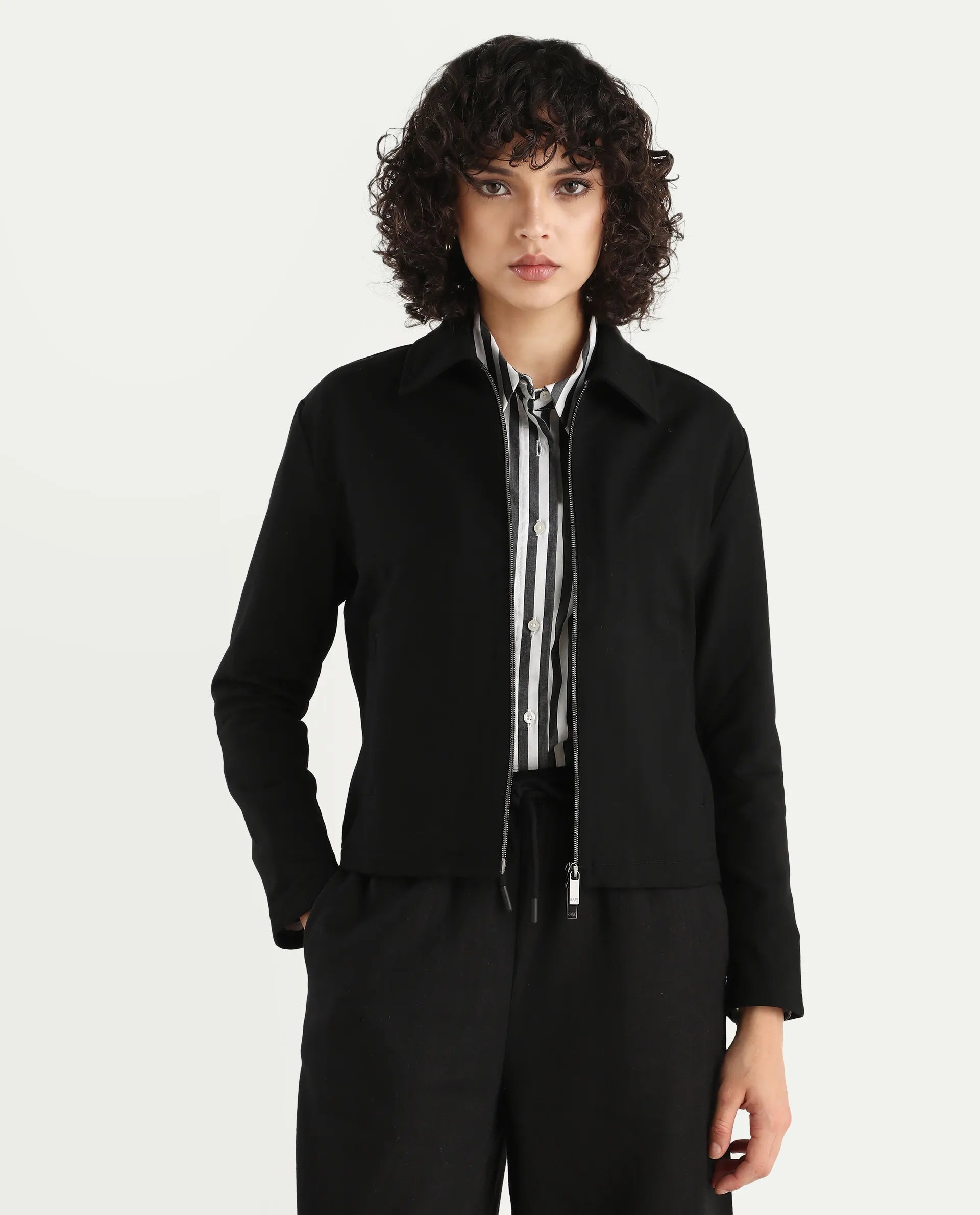 Rareism Women's Nizlo Black Polyester Blend Spread Collar Regular Plain Jacket