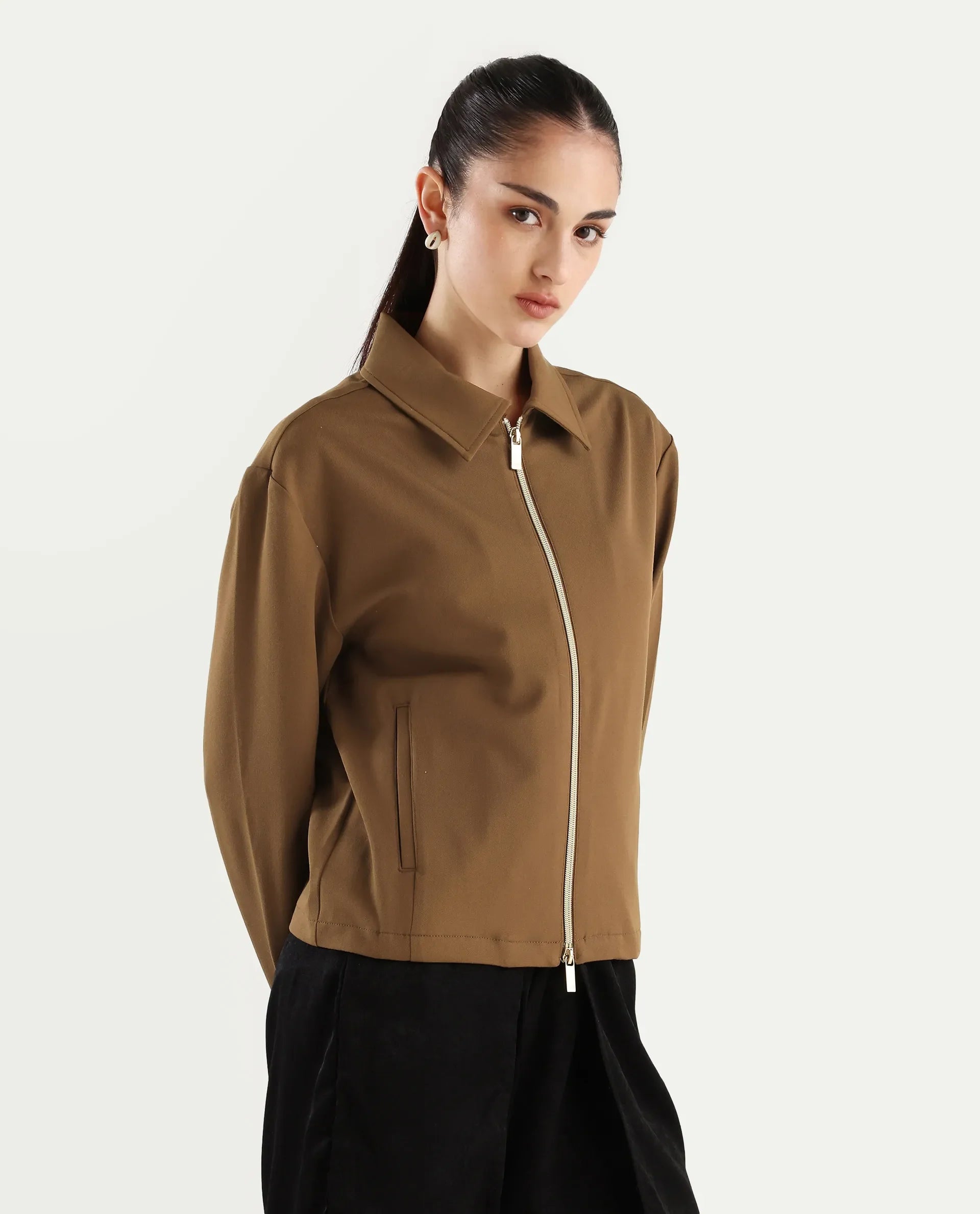 Rareism Women's Nizloz Light Brown Polyester Blend Spread Collar Regular Plain Jacket