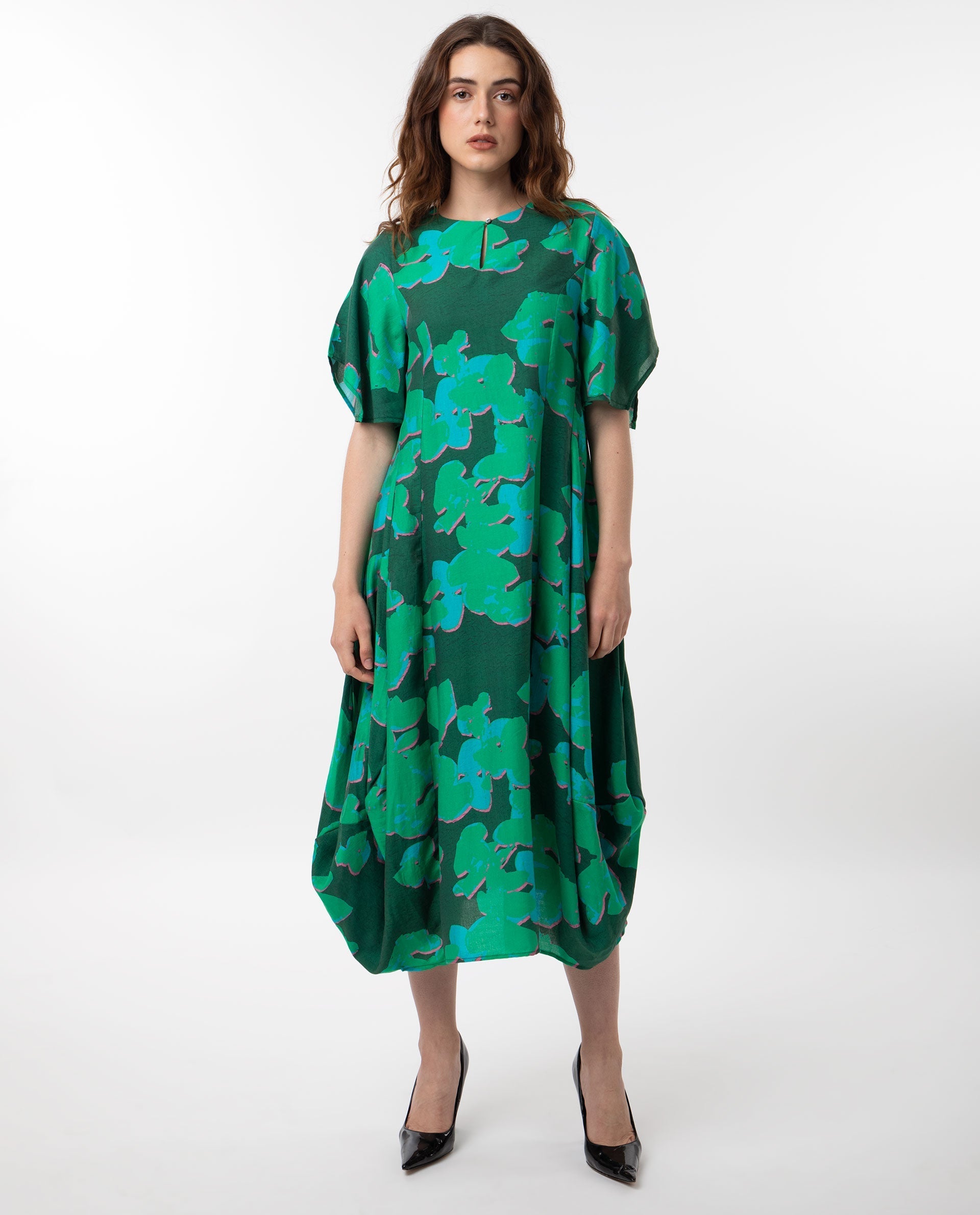 Rareism Women Kanda Green Poly Viscose Fabric Short Sleeves Button Closure Round Neck Bell Sleeve Regular Fit Abstract Print Midi Asymmetric Dress