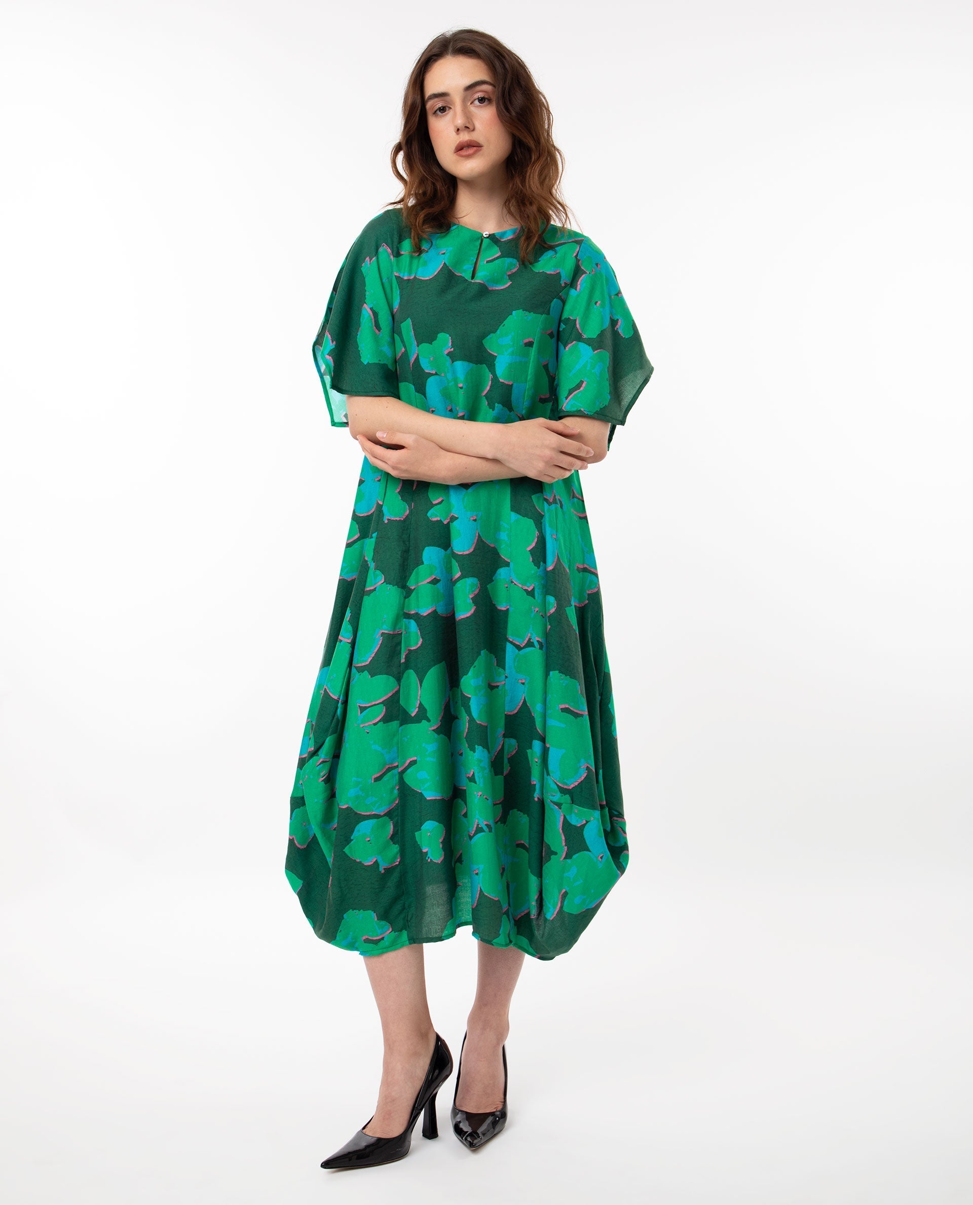 Rareism Women Kanda Green Poly Viscose Fabric Short Sleeves Button Closure Round Neck Bell Sleeve Regular Fit Abstract Print Midi Asymmetric Dress