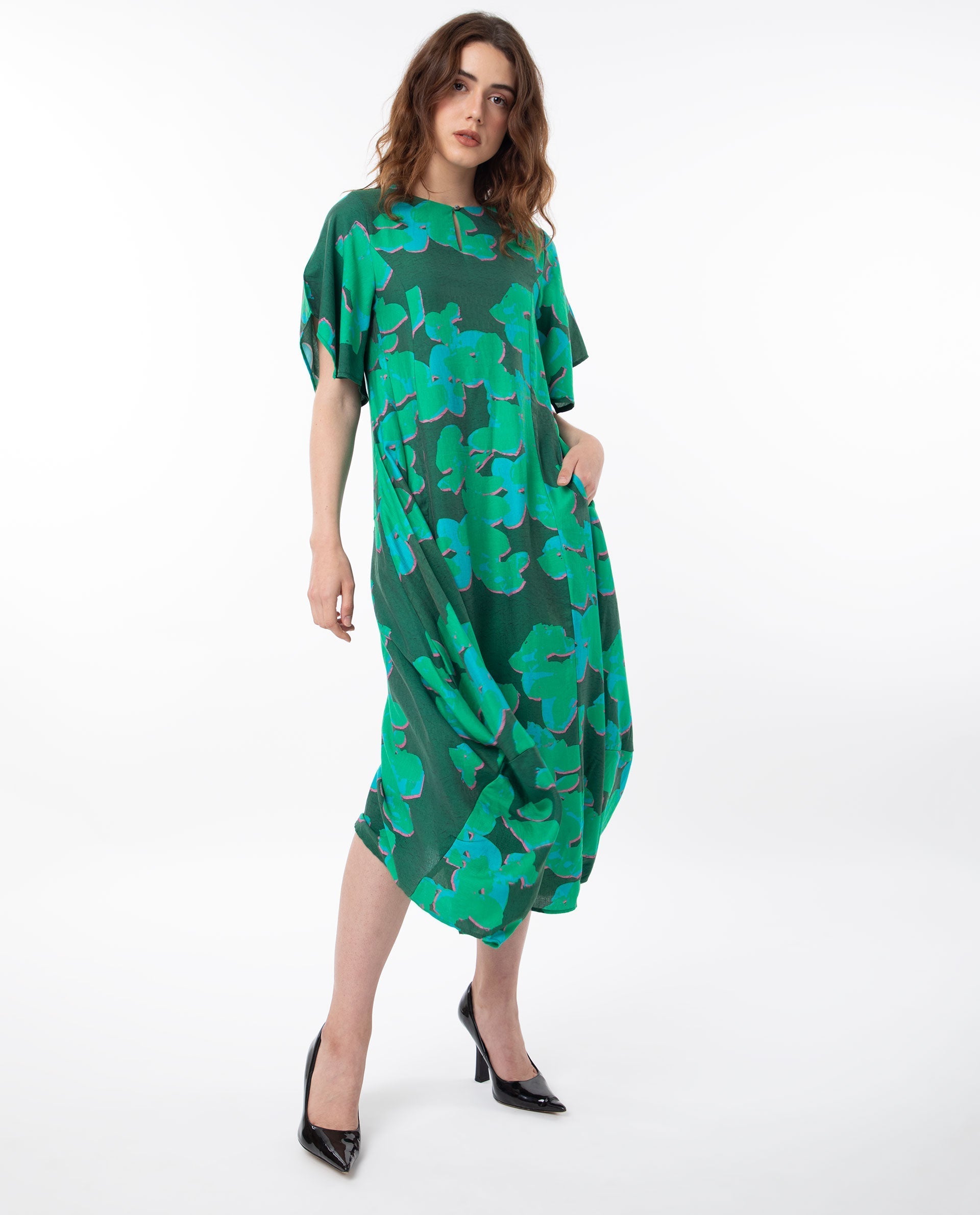 Rareism Women Kanda Green Poly Viscose Fabric Short Sleeves Button Closure Round Neck Bell Sleeve Regular Fit Abstract Print Midi Asymmetric Dress