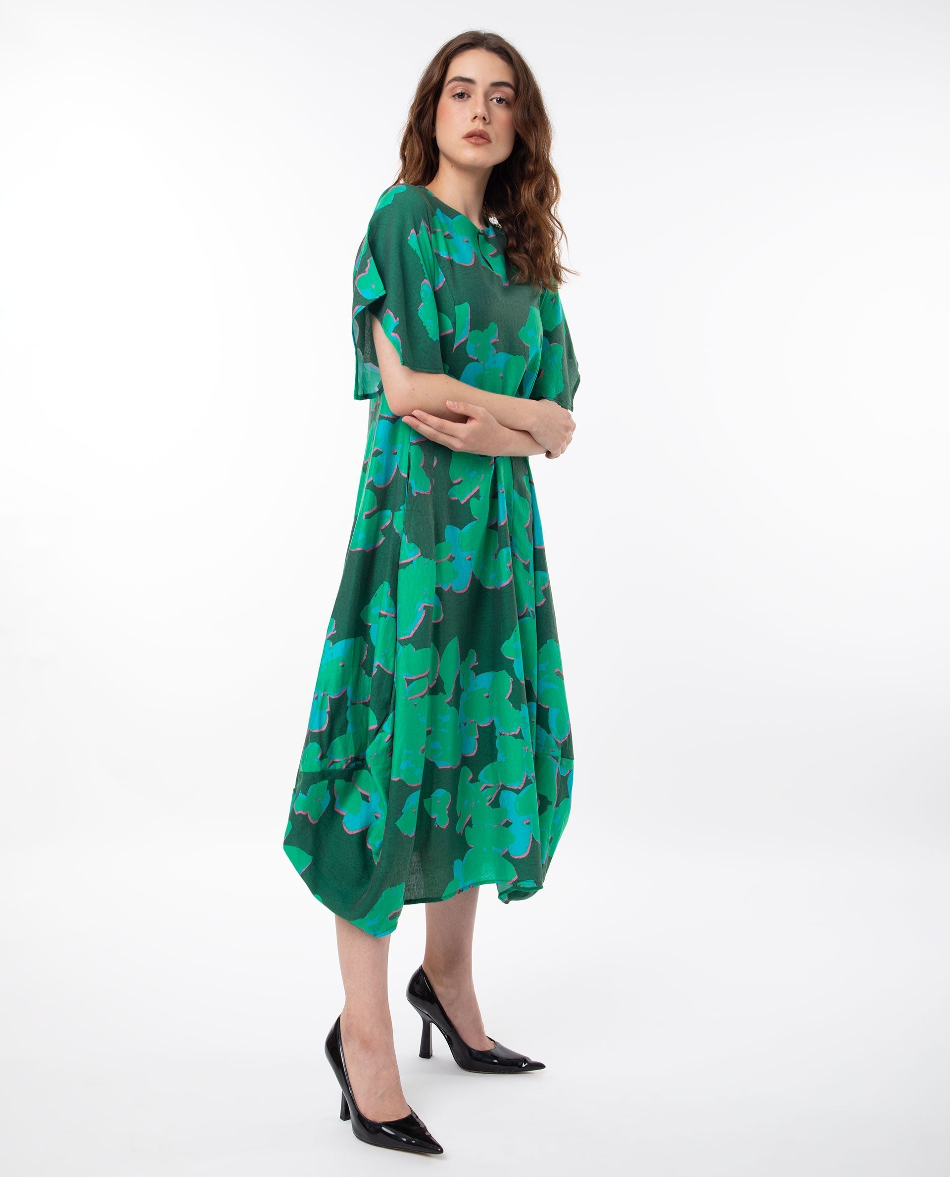Rareism Women Kanda Green Poly Viscose Fabric Short Sleeves Button Closure Round Neck Bell Sleeve Regular Fit Abstract Print Midi Asymmetric Dress