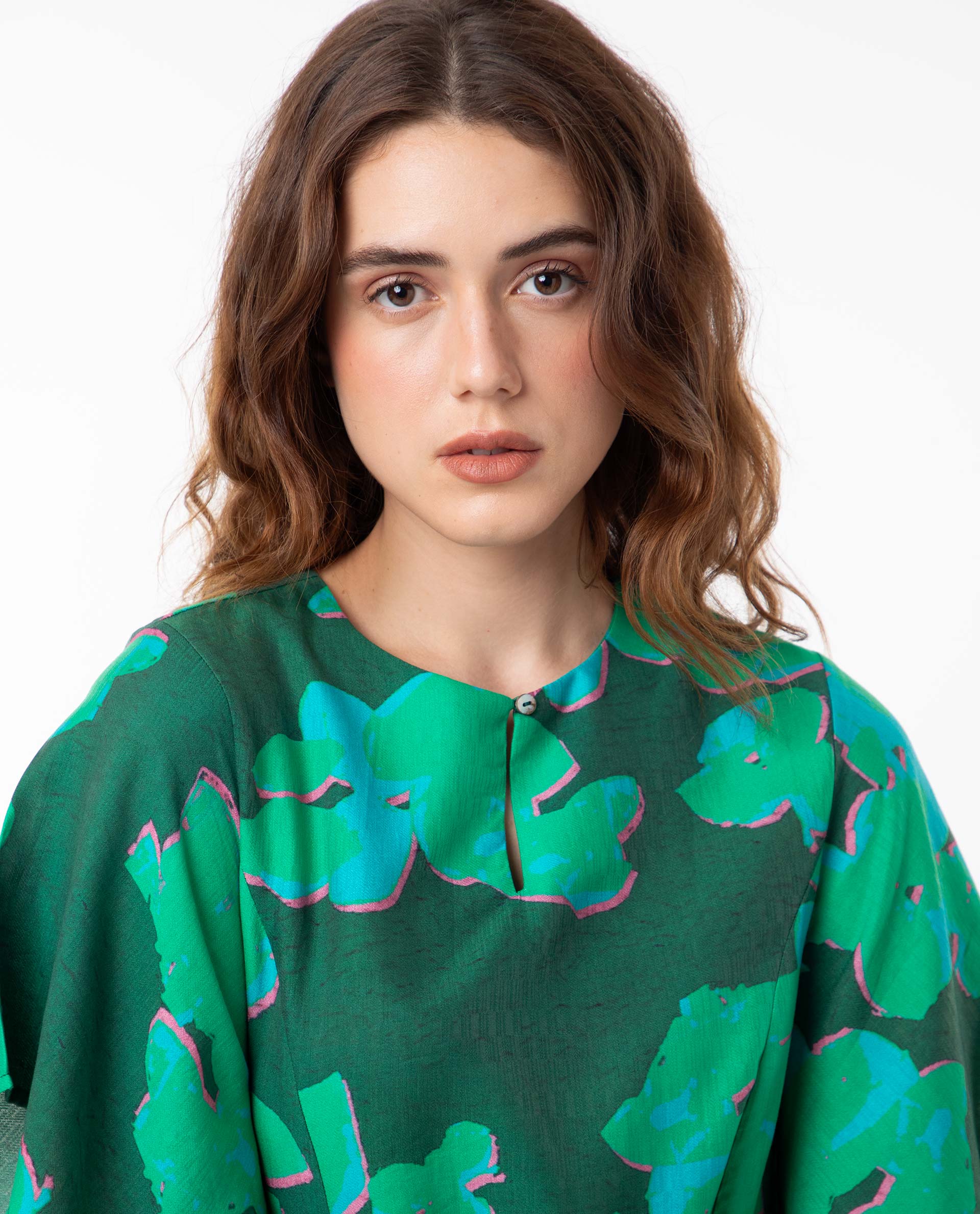 Rareism Women Kanda Green Poly Viscose Fabric Short Sleeves Button Closure Round Neck Bell Sleeve Regular Fit Abstract Print Midi Asymmetric Dress
