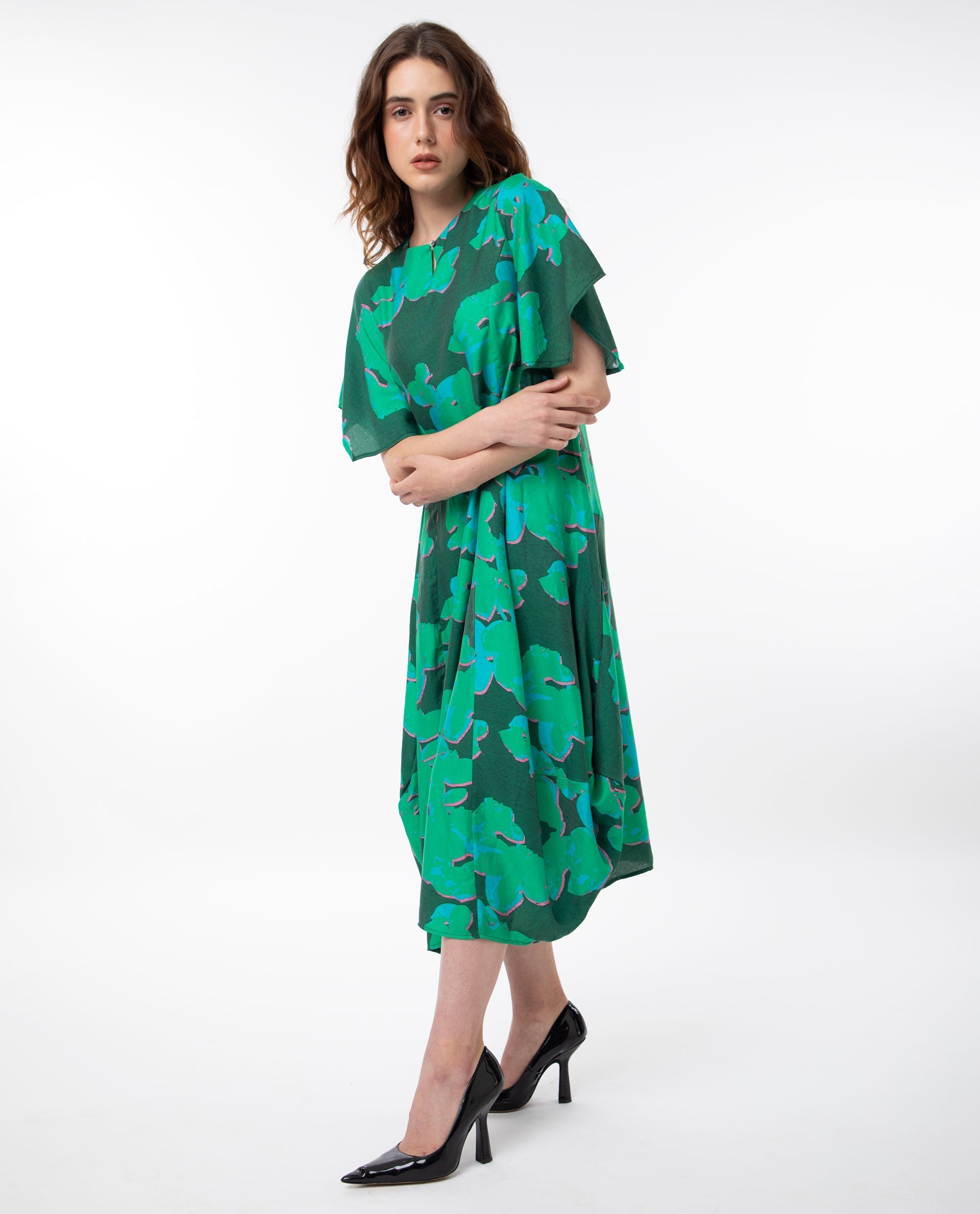 Rareism Women Kanda Green Poly Viscose Fabric Short Sleeves Button Closure Round Neck Bell Sleeve Regular Fit Abstract Print Midi Asymmetric Dress