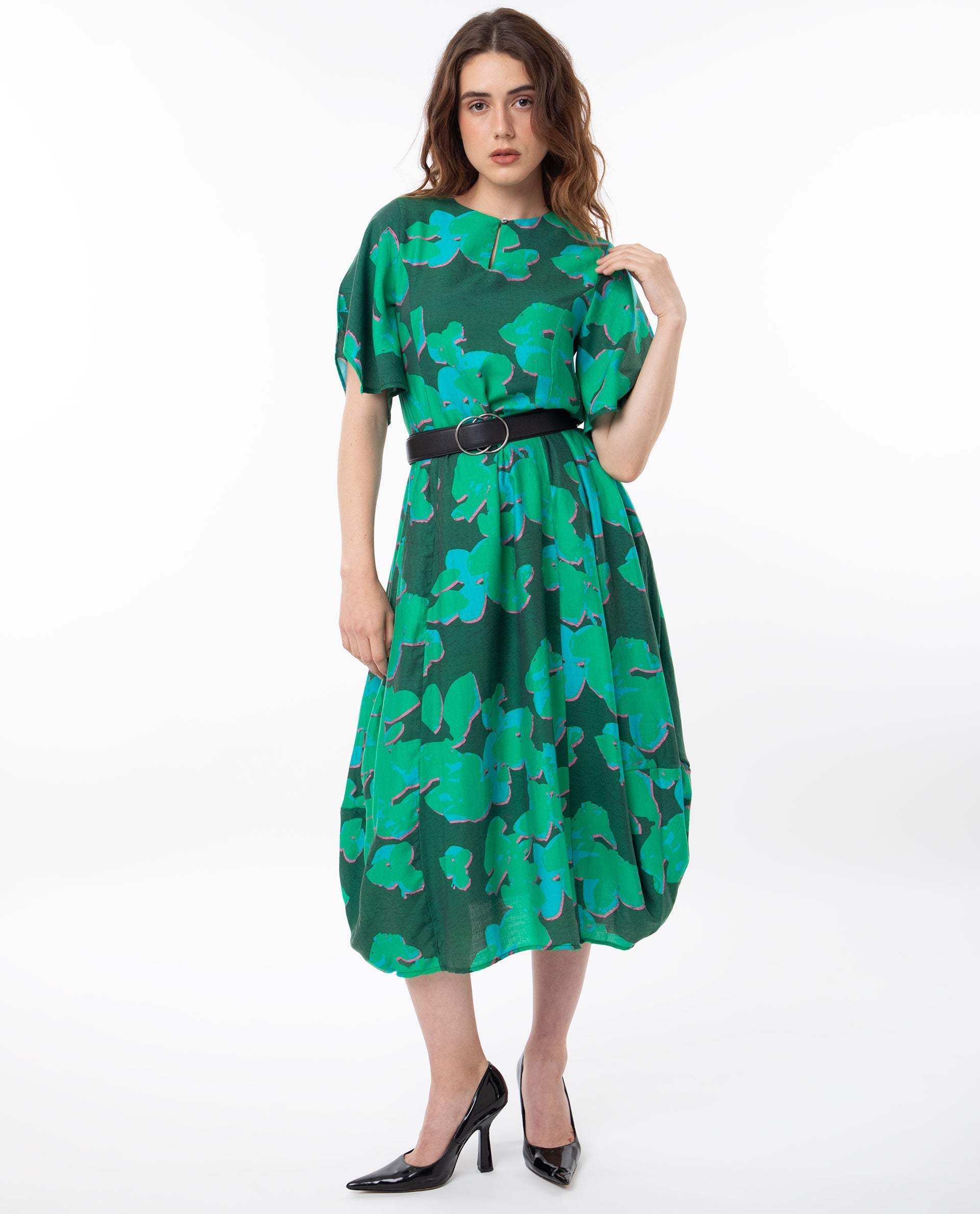 Rareism Women Kanda Green Poly Viscose Fabric Short Sleeves Button Closure Round Neck Bell Sleeve Regular Fit Abstract Print Midi Asymmetric Dress