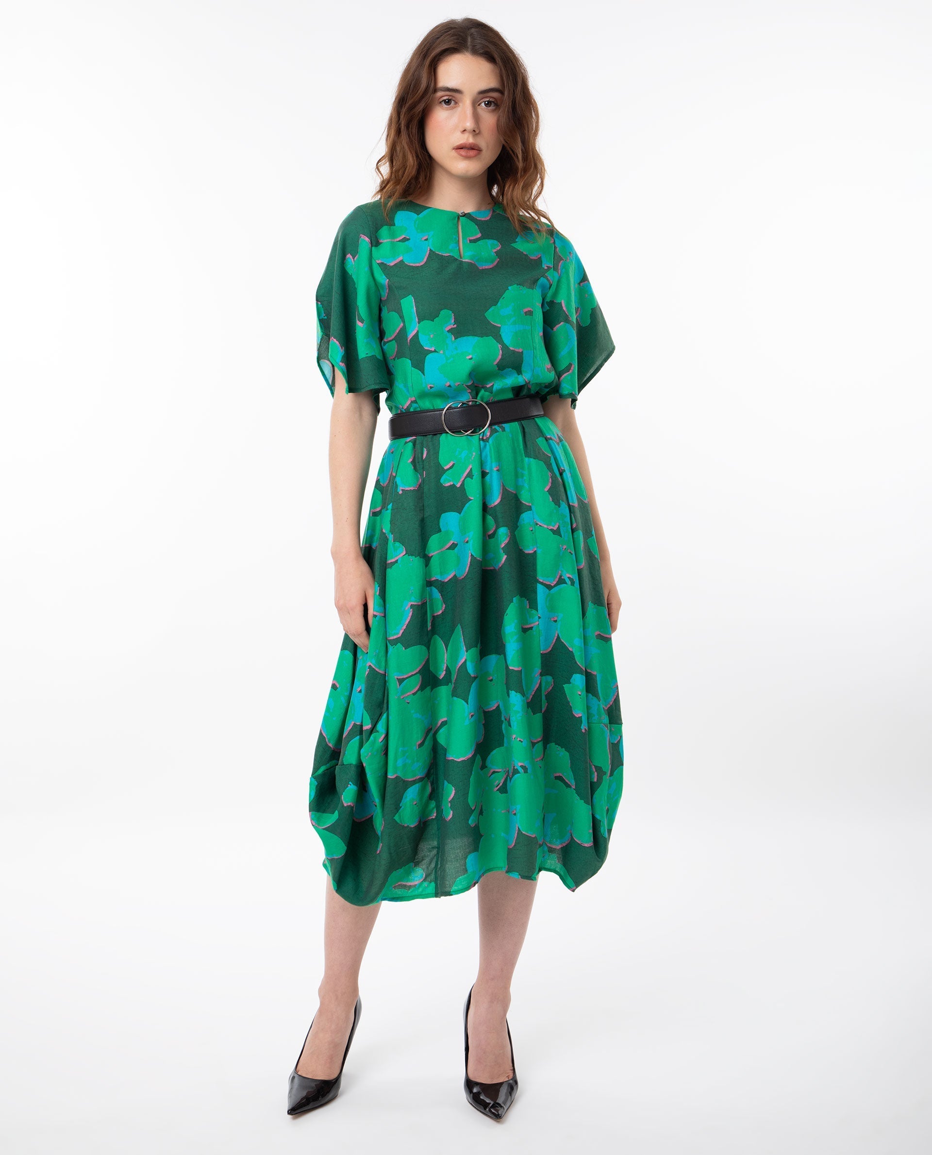 Rareism Women Kanda Green Poly Viscose Fabric Short Sleeves Button Closure Round Neck Bell Sleeve Regular Fit Abstract Print Midi Asymmetric Dress