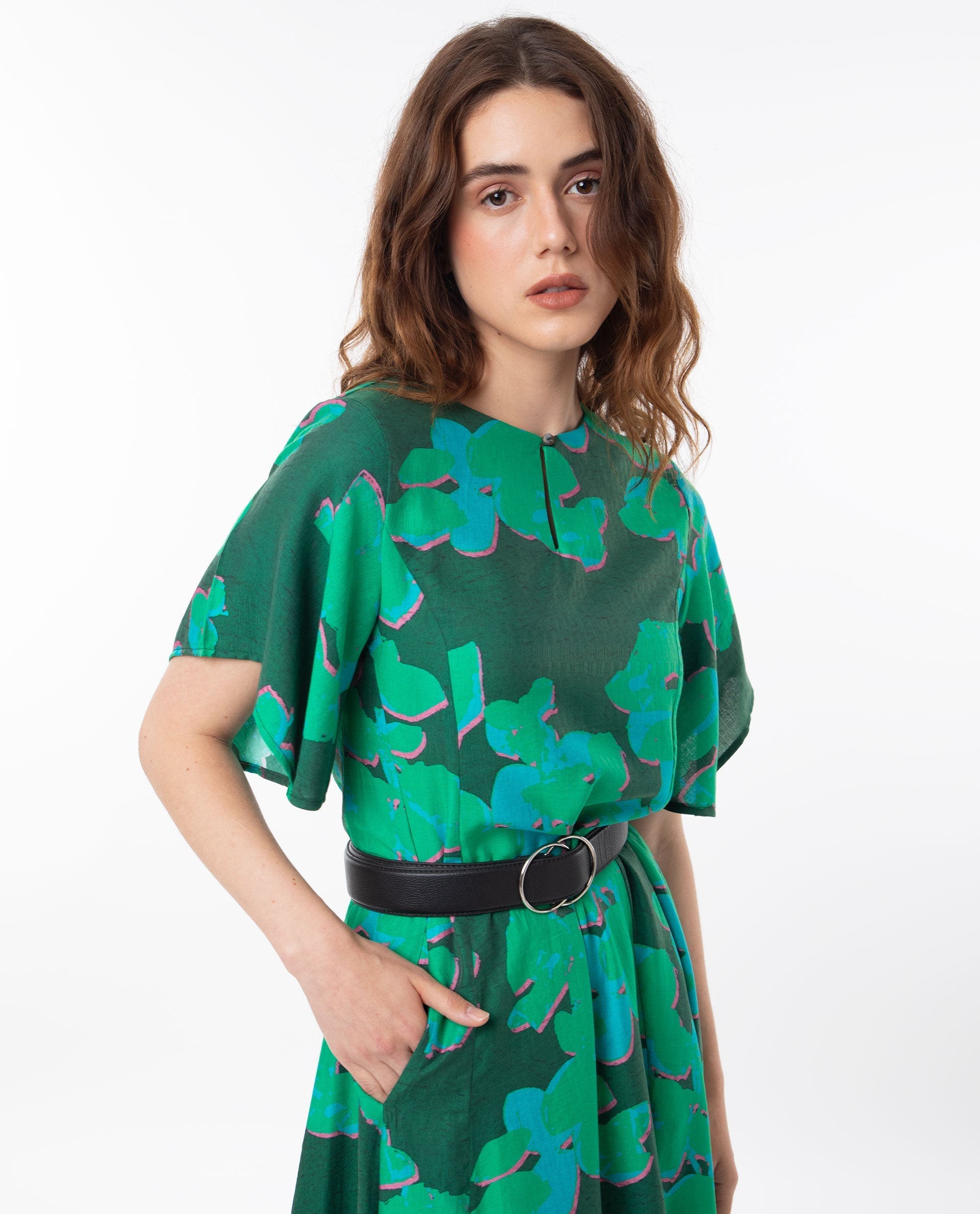 Rareism Women's Kanda Green Polyester Blend Crew Neck Abstract Print Bell Sleeve Midi Regular Fit Dress