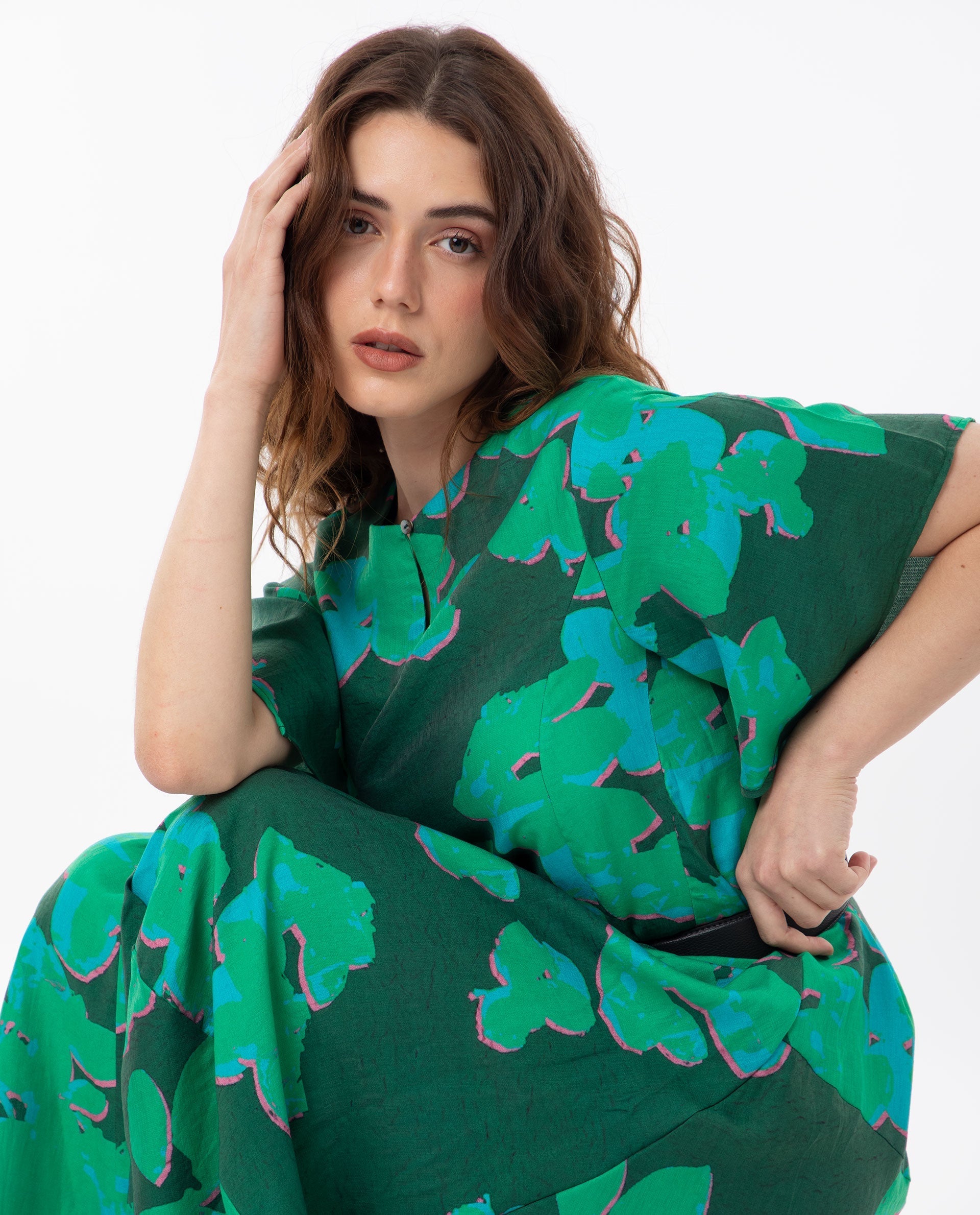 Rareism Women Kanda Green Poly Viscose Fabric Short Sleeves Button Closure Round Neck Bell Sleeve Regular Fit Abstract Print Midi Asymmetric Dress