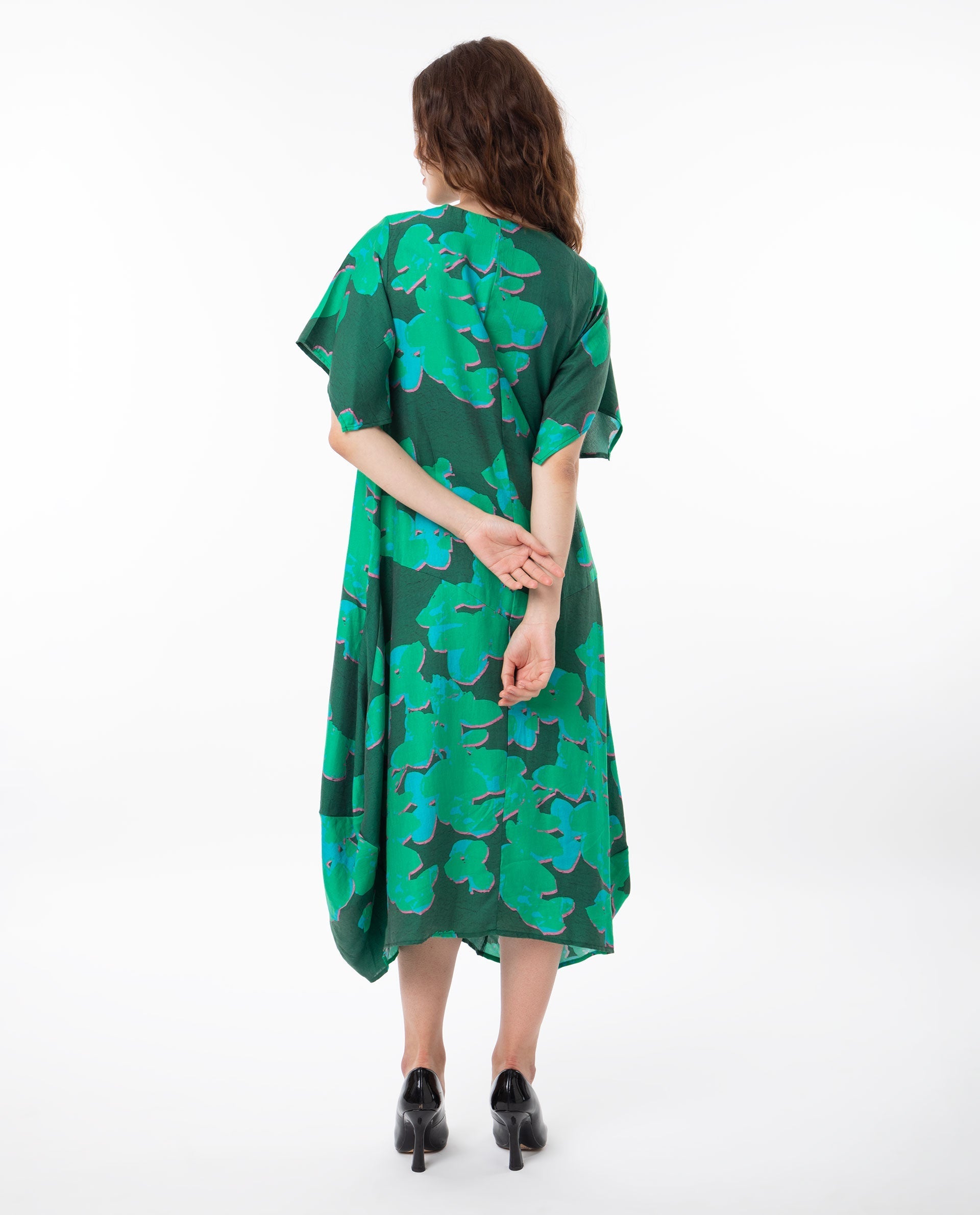 Rareism Women Kanda Green Poly Viscose Fabric Short Sleeves Button Closure Round Neck Bell Sleeve Regular Fit Abstract Print Midi Asymmetric Dress