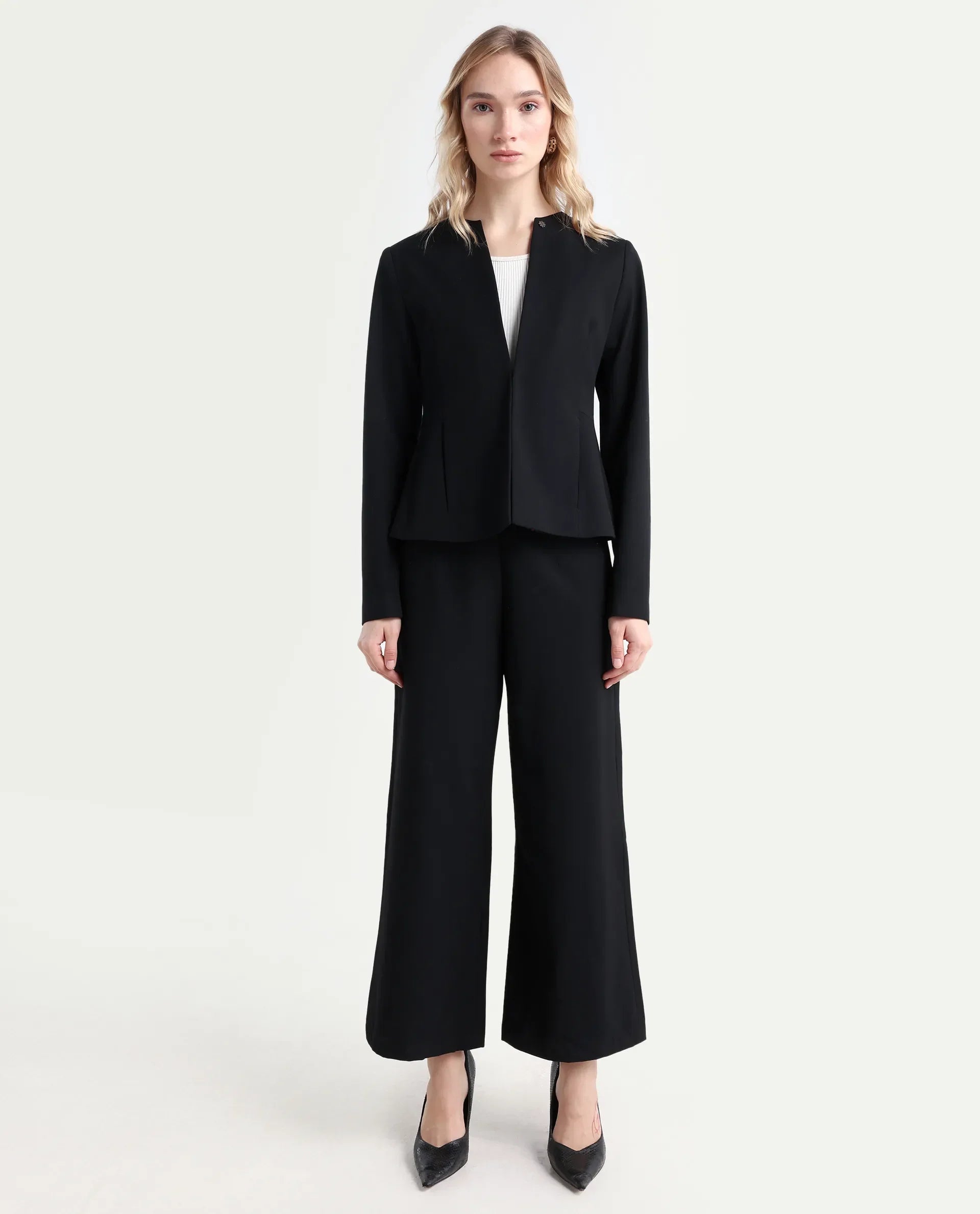 Rareism Women's Noahti Black Cotton Plain Ankle Length Wide Trouser