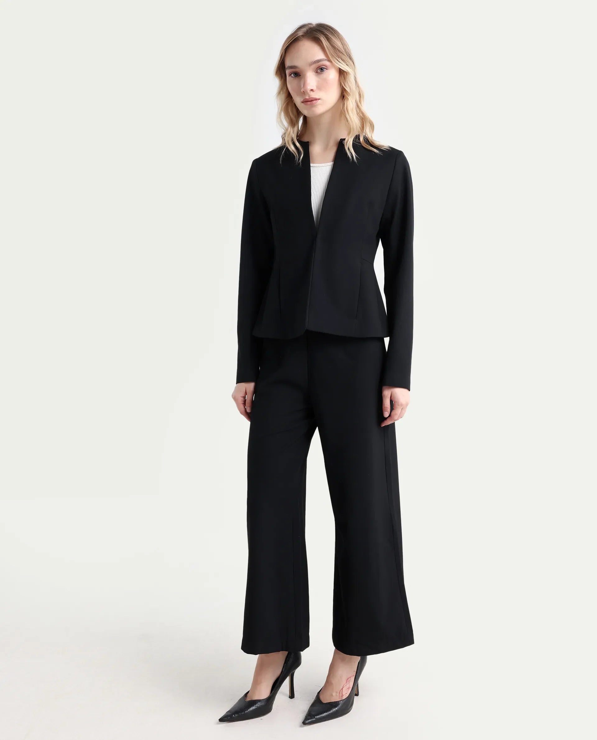 Rareism Women's Noahti Black Cotton Plain Ankle Length Wide Trouser