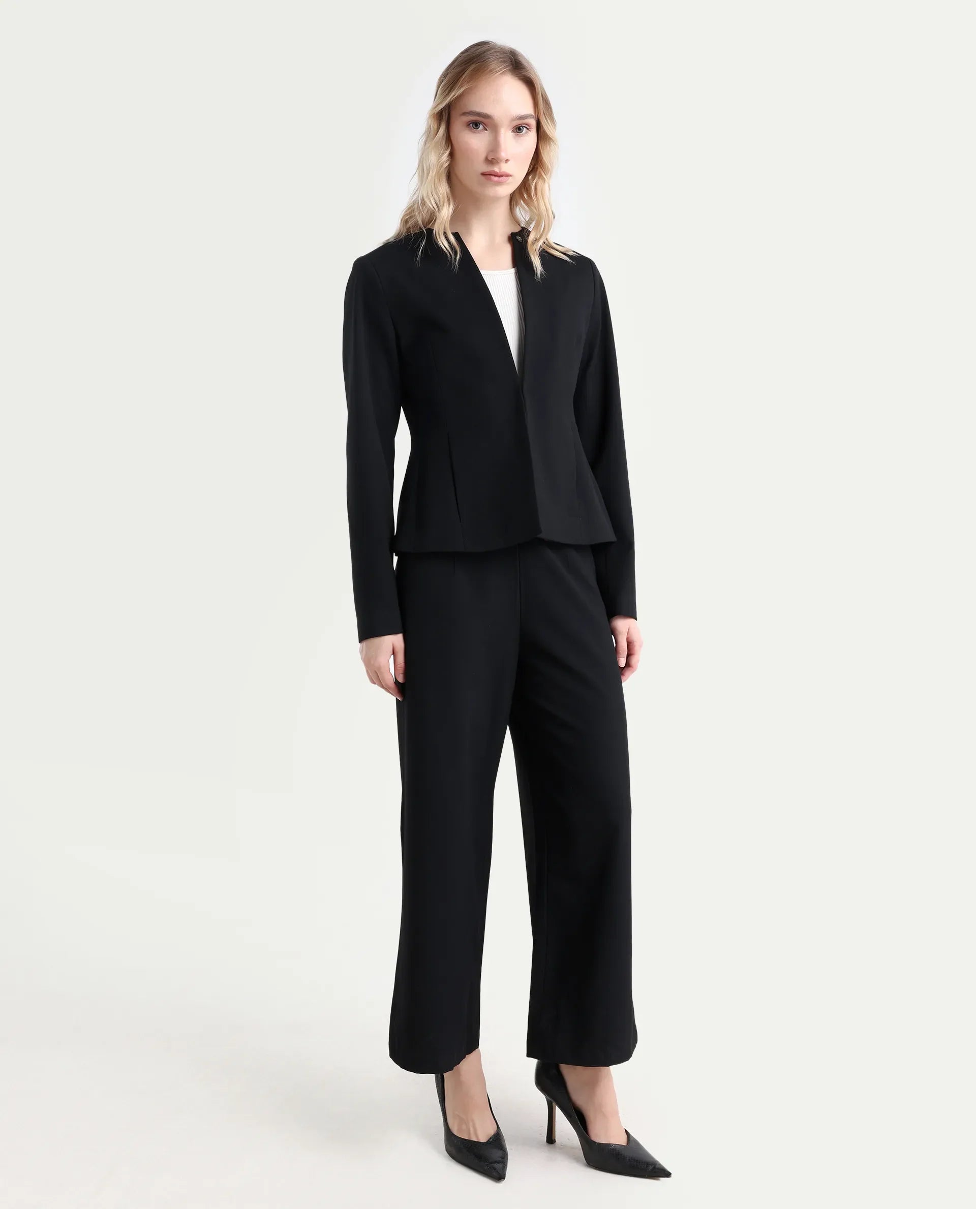 Rareism Women's Noahti Black Cotton Plain Ankle Length Wide Trouser