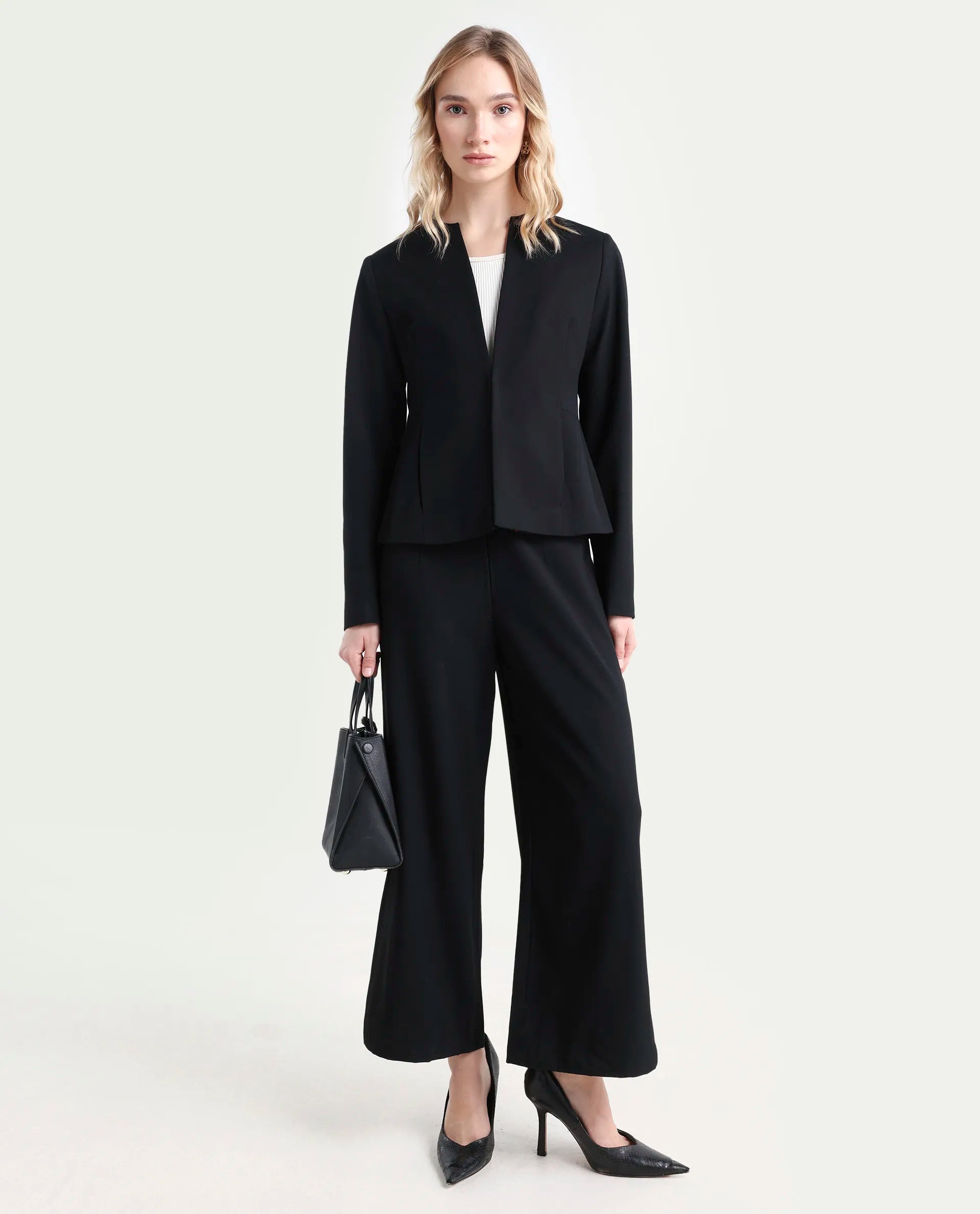 Rareism Women's Noahti Black Cotton Plain Ankle Length Wide Trouser