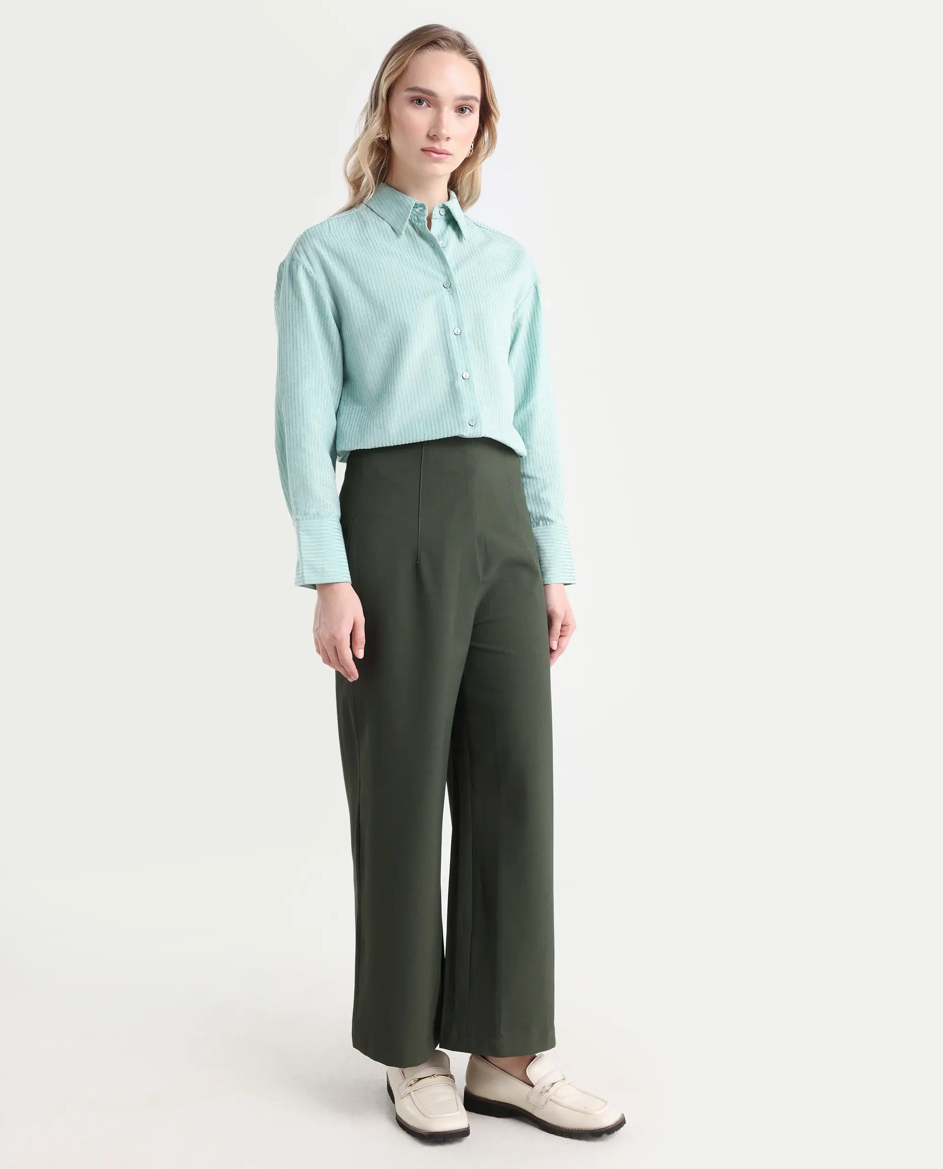Rareism Women's Noahti Green Cotton Plain Ankle Length Wide Trouser