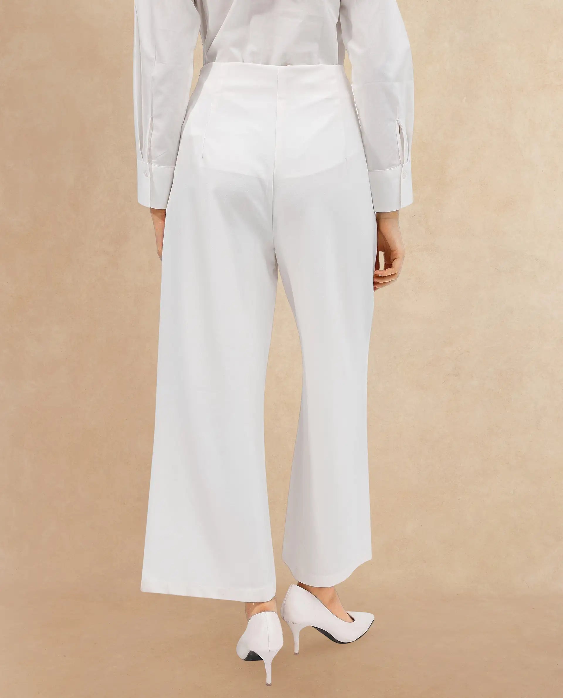 Rareism Women's Noahti White Cotton Plain Ankle Length Wide Trouser