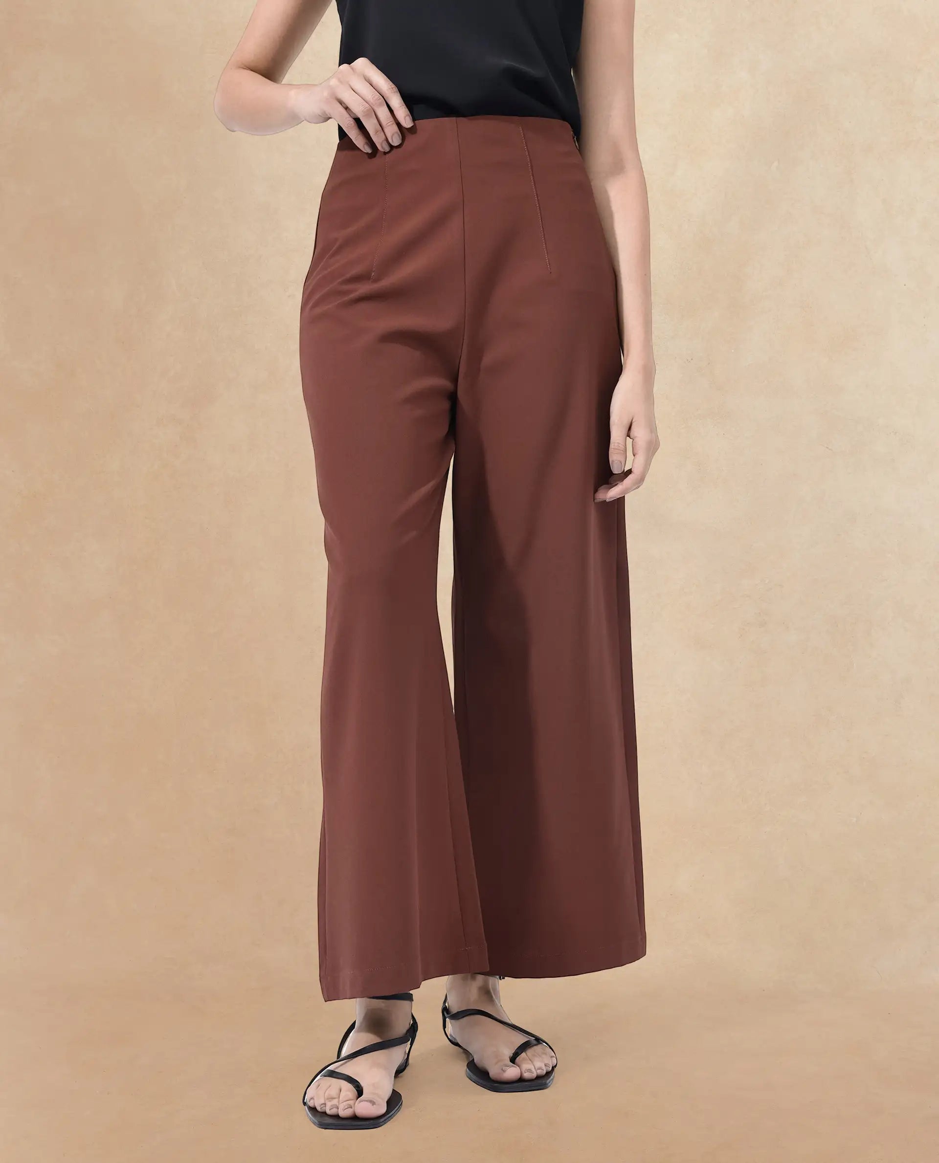 Rareism Women's Noahti Light Rust Cotton Plain Ankle Length Wide Trouser