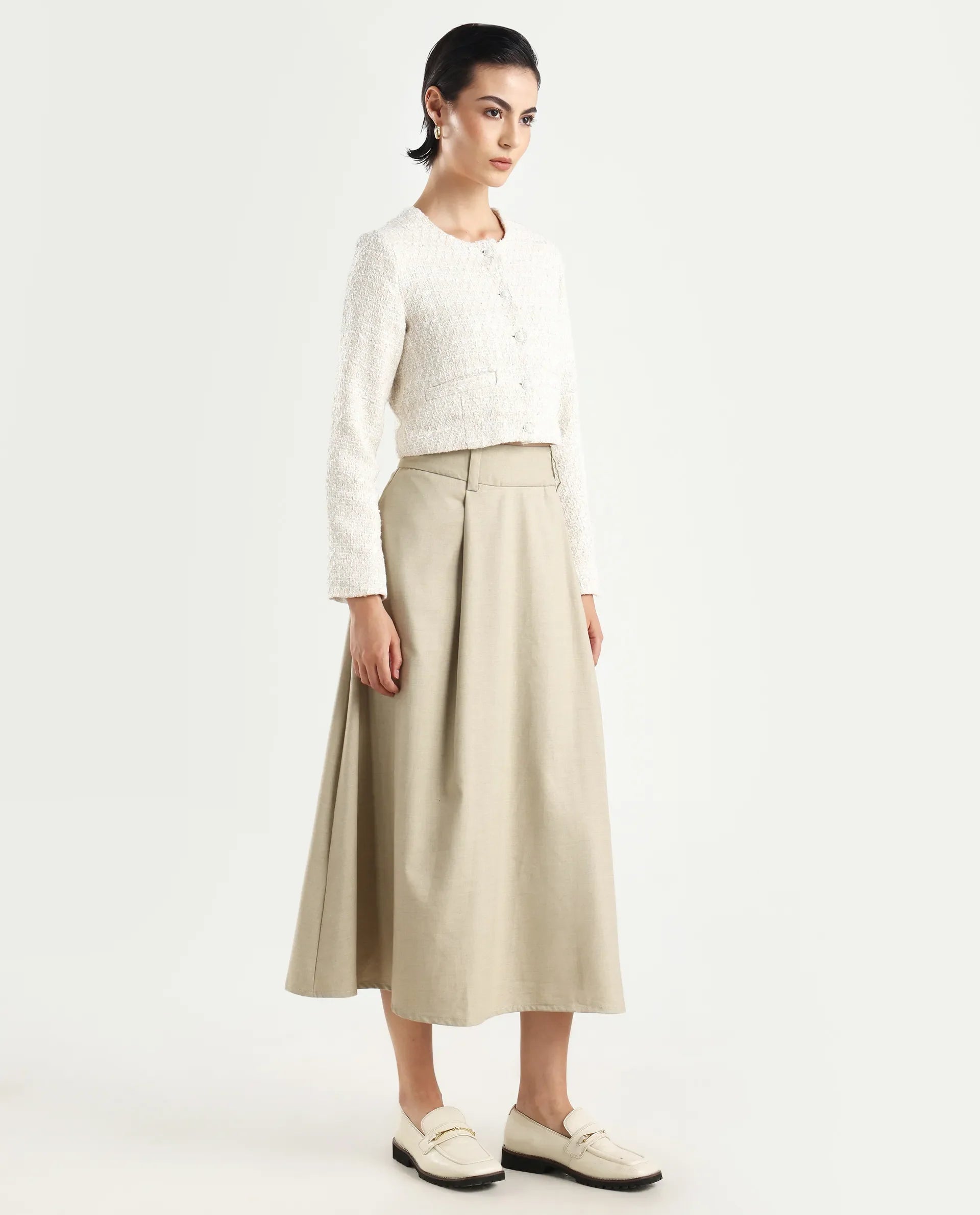 Rareism Women's Noblopa Beige Polyester Blend Plain Midi A-Line Skirt