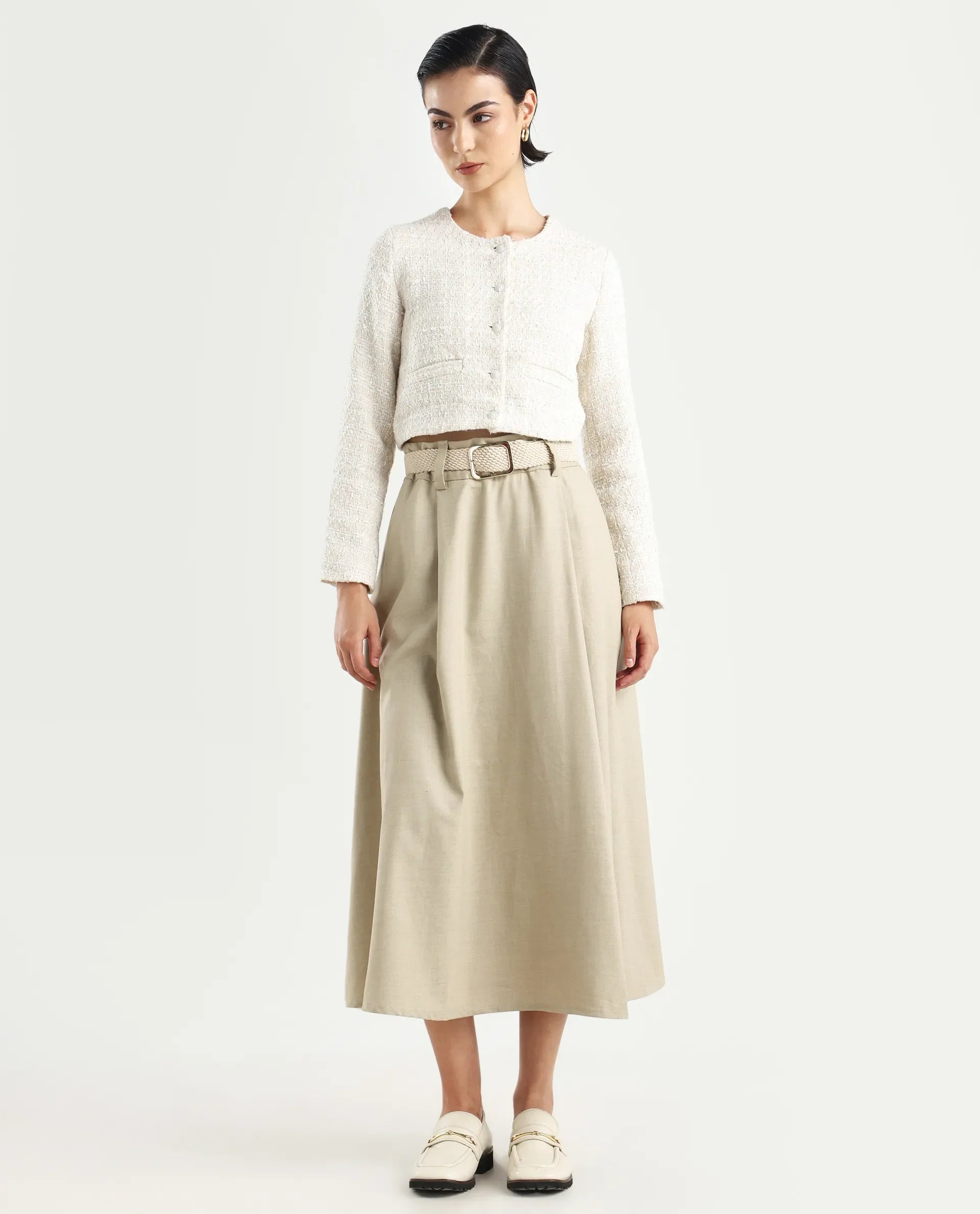 Rareism Women's Noblopa Beige Polyester Blend Plain Midi A-Line Skirt