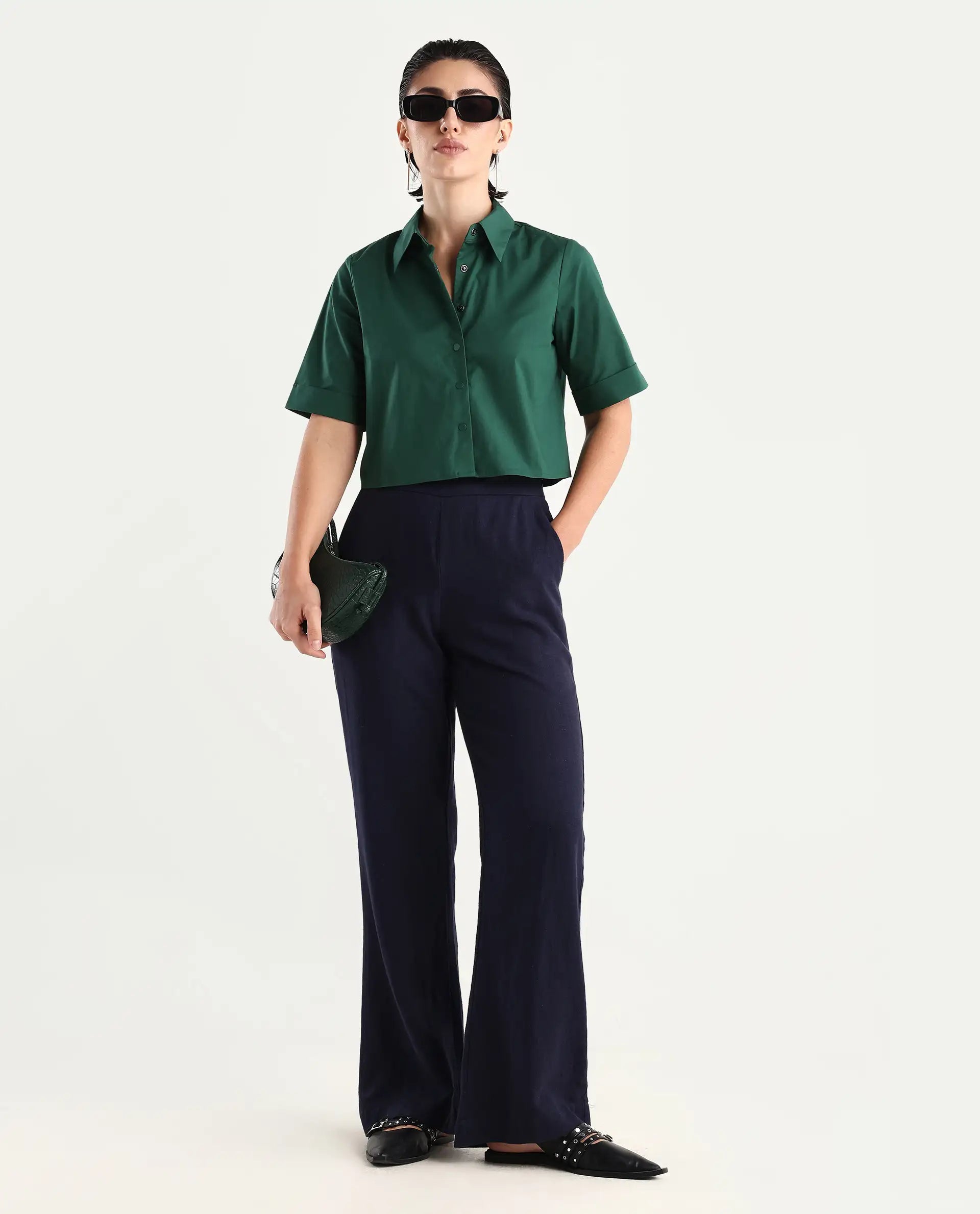 Rareism Women's Nomoli Dark Green Cotton Blend Drop Collar Plain Crop Boxy Fit Shirt