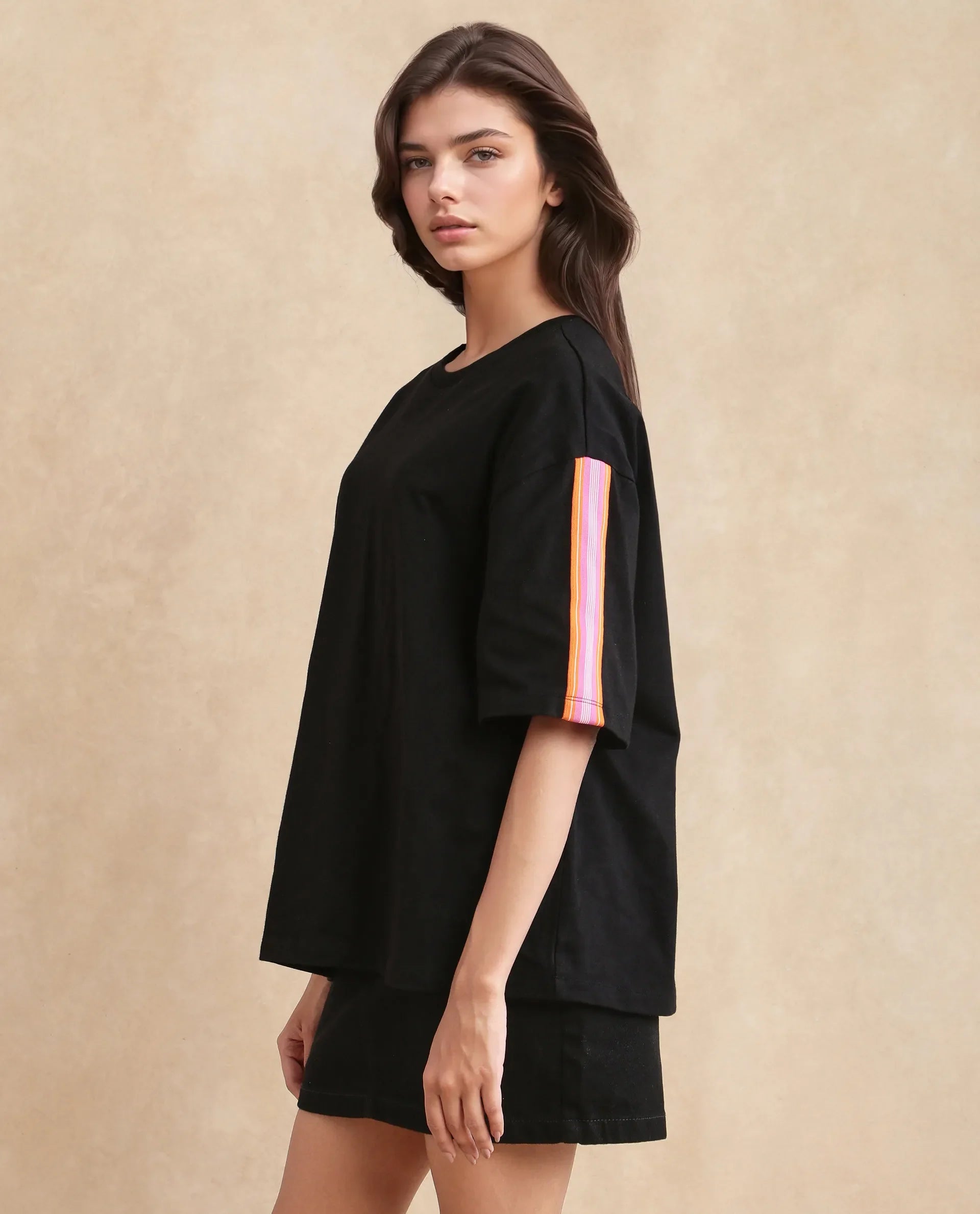 Rareism Women's Nonwen T Black Polyester Blend Crew Neck Striped Oversized T-Shirt Oversize