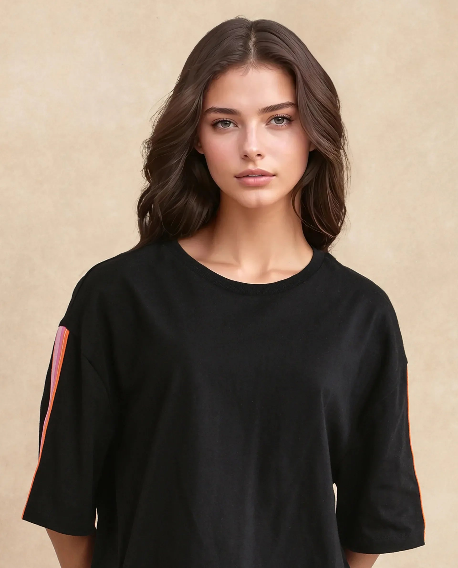 Rareism Women's Nonwen T Black Polyester Blend Crew Neck Striped Oversized T-Shirt Oversize